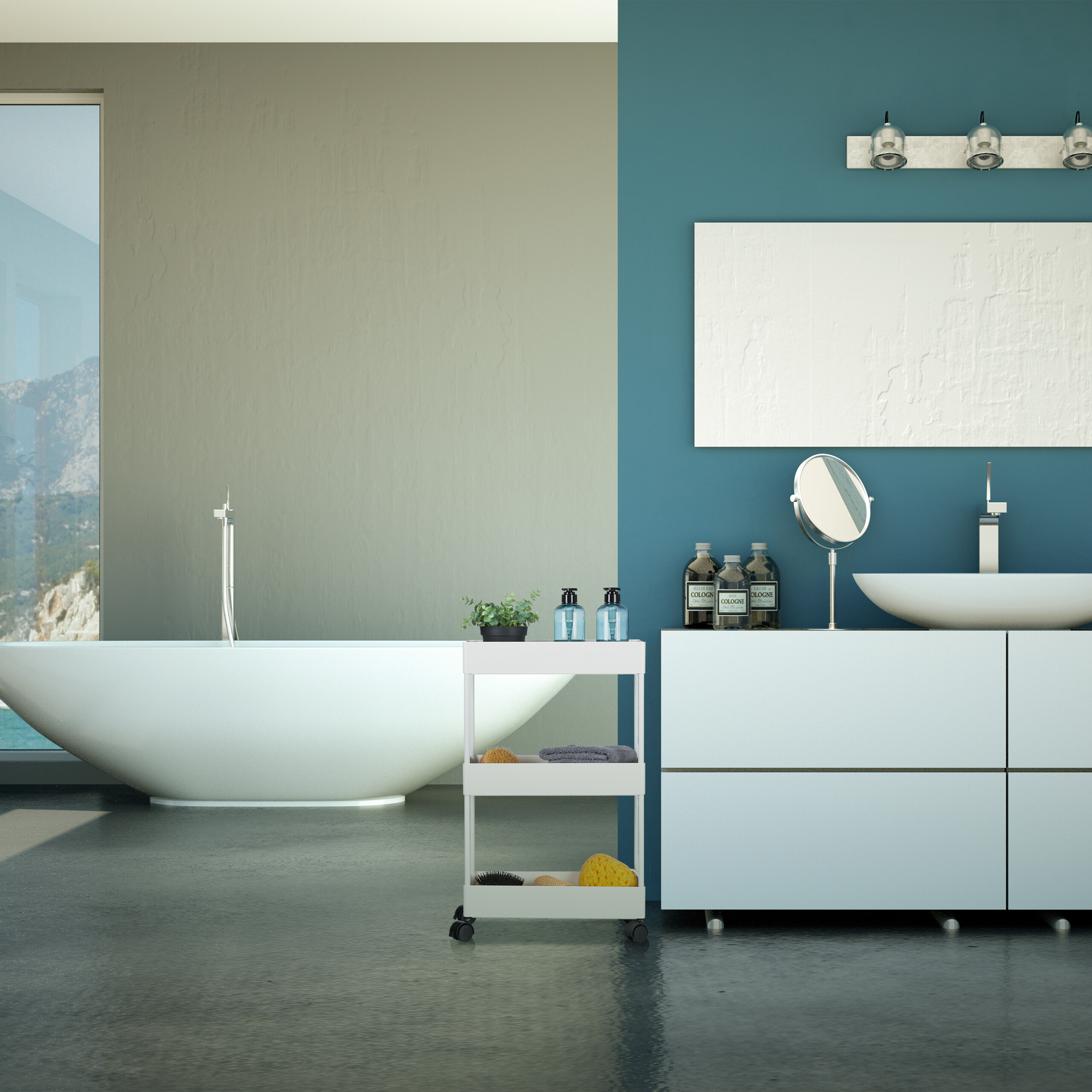 Modernes Badezimmer mit weißer Badewanne, blauer Wand, Waschbecken auf Unterschrank und Rollwagen.