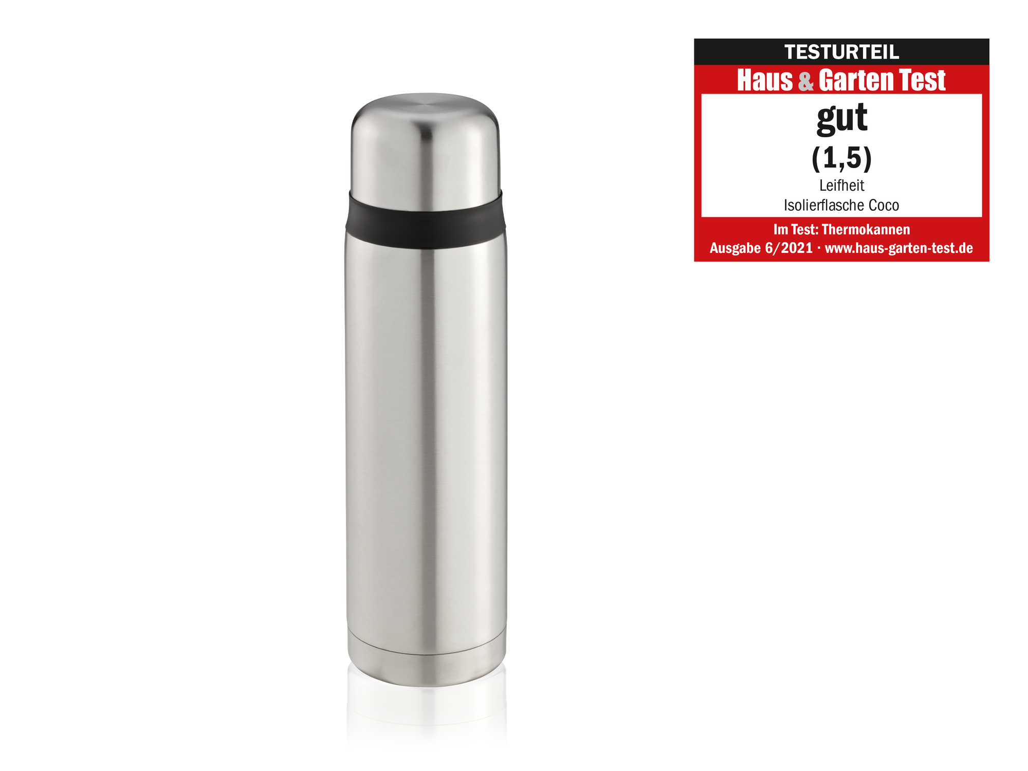 Eine silberne Thermosflasche mit schwarzem Ring, daneben ein Testurteil-Logo.