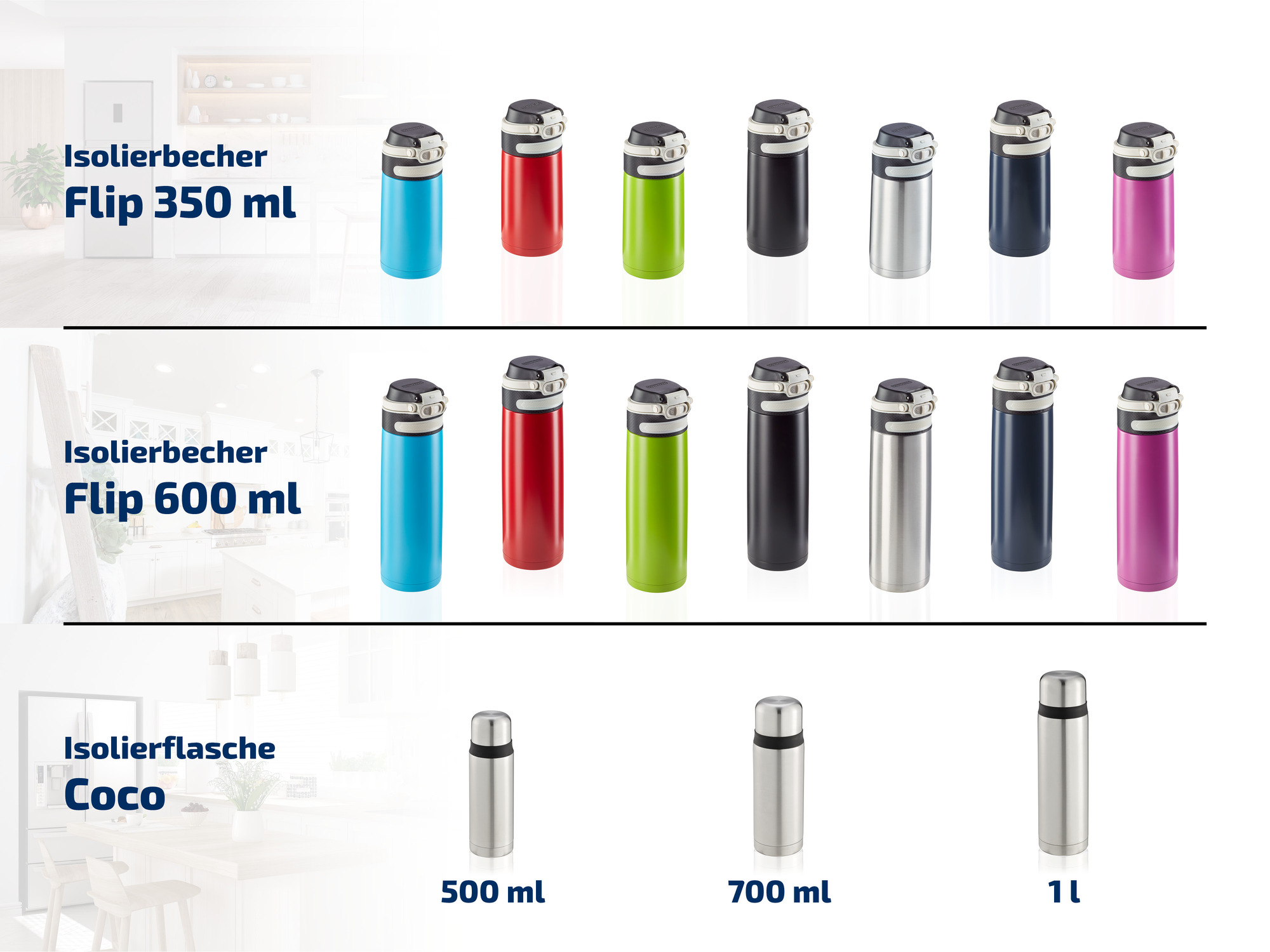 Produktübersicht von bunten Flip-Isolierbechern und silbernen Coco-Isolierflaschen in verschiedenen Größen.