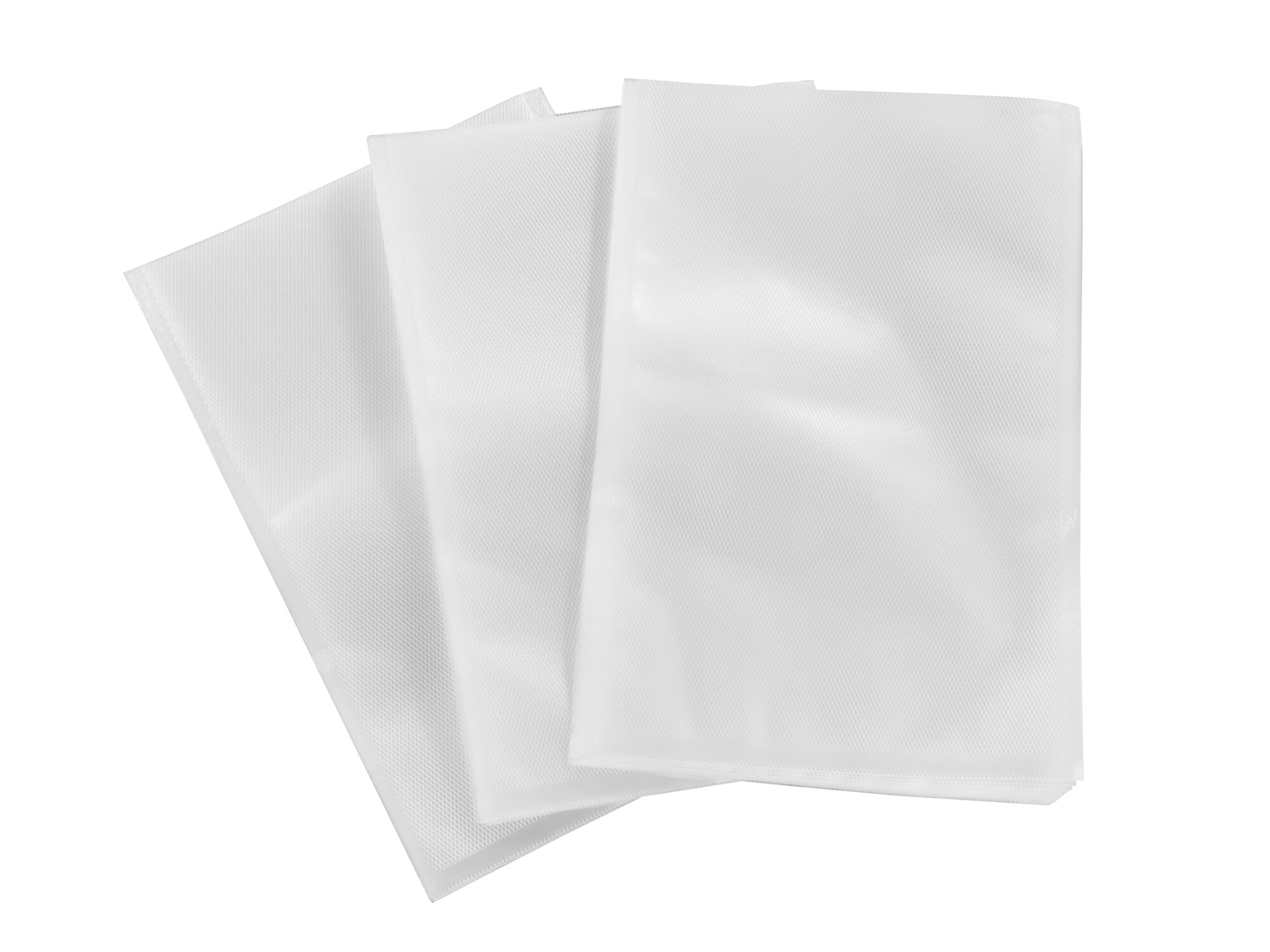 Cuatro bolsas de envasado al vacío blancas y texturizadas sobre fondo blanco.