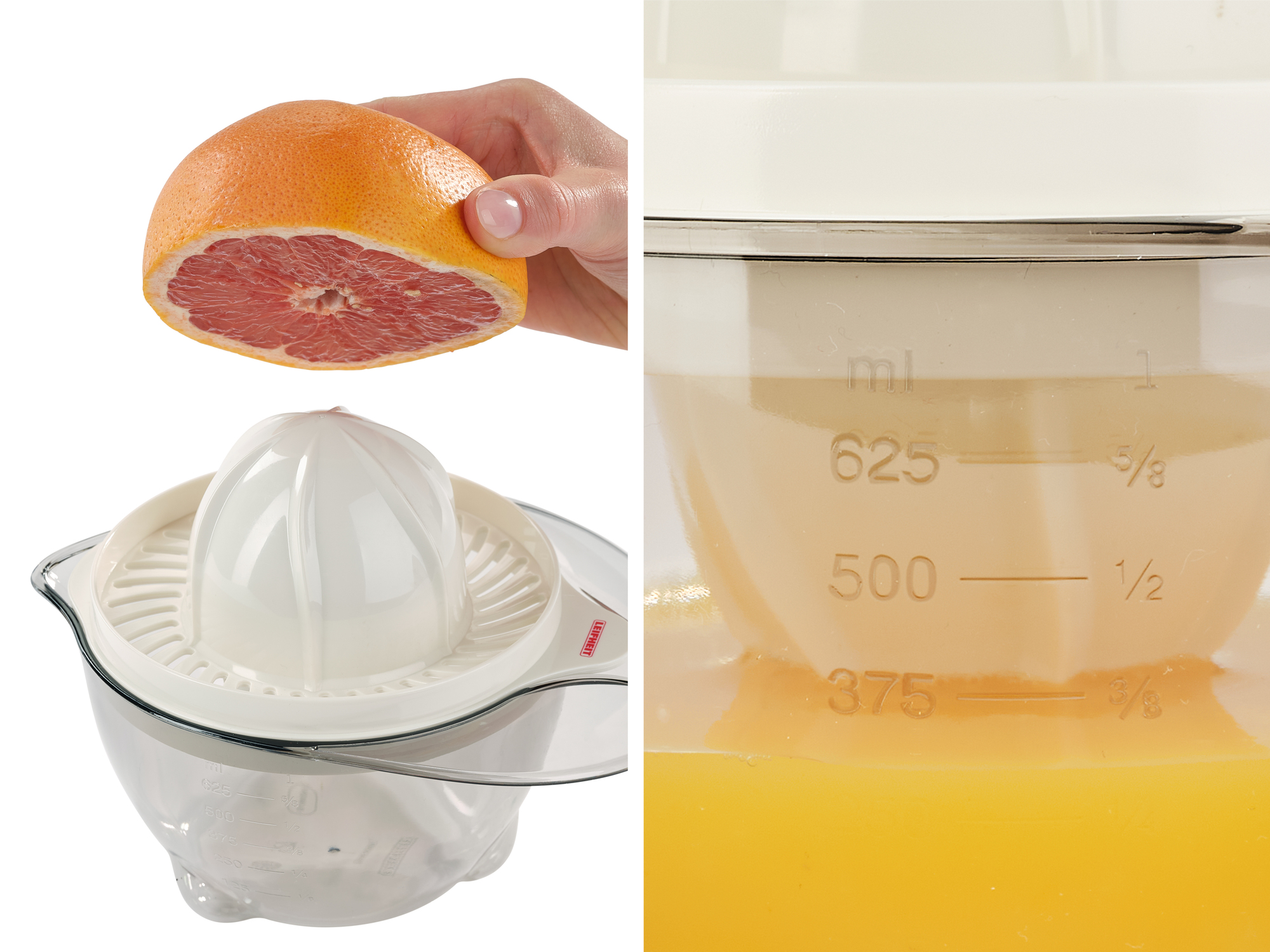 Eine Hand hält eine Grapefruit über eine weiße Saftpresse, und die andere Ansicht zeigt frisch gepressten Saft.