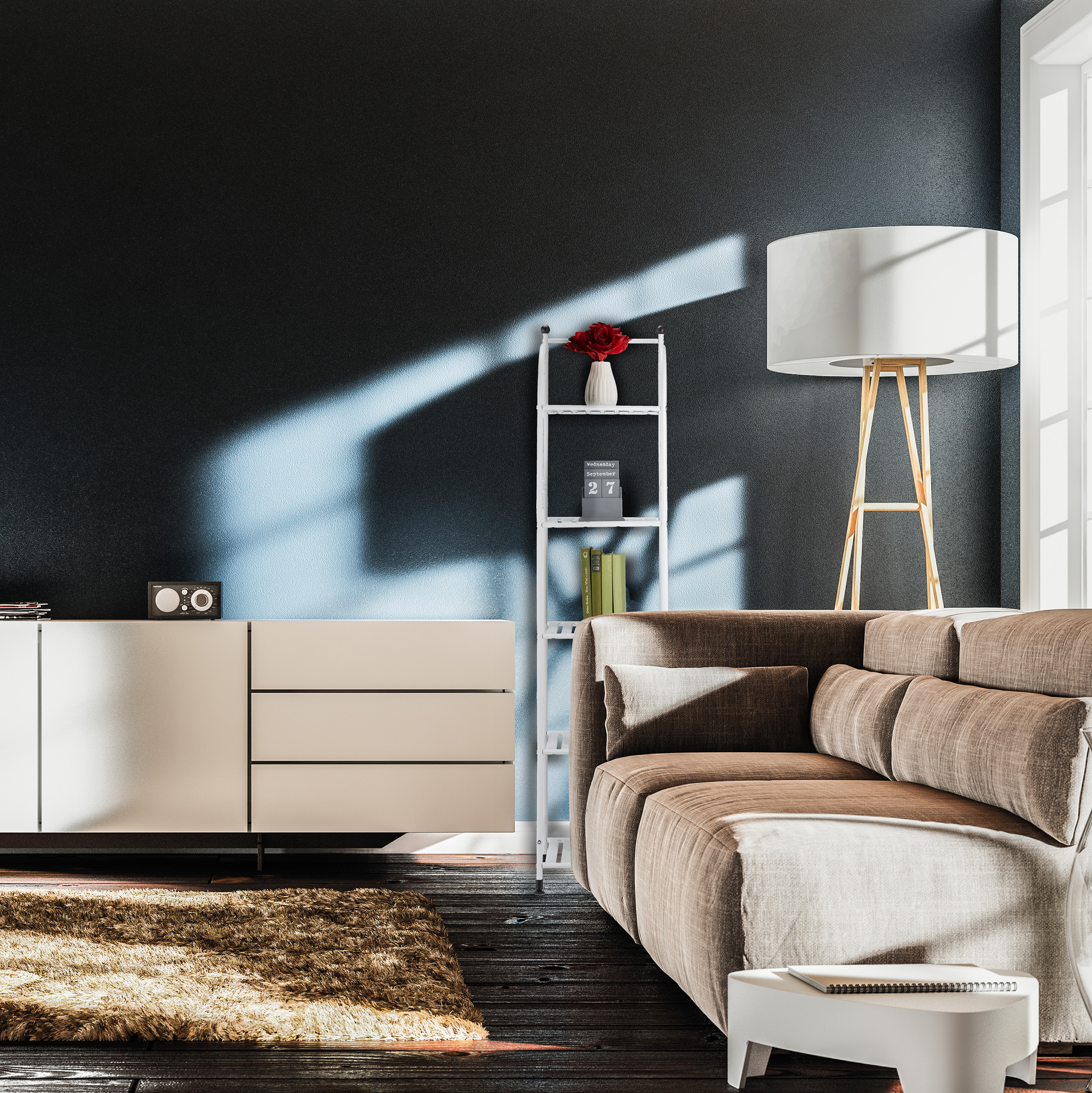 Ein gemütliches Wohnzimmer mit braunem Sofa, weißem Regal, Sideboard und einer großen Stehlampe an blauer Wand.