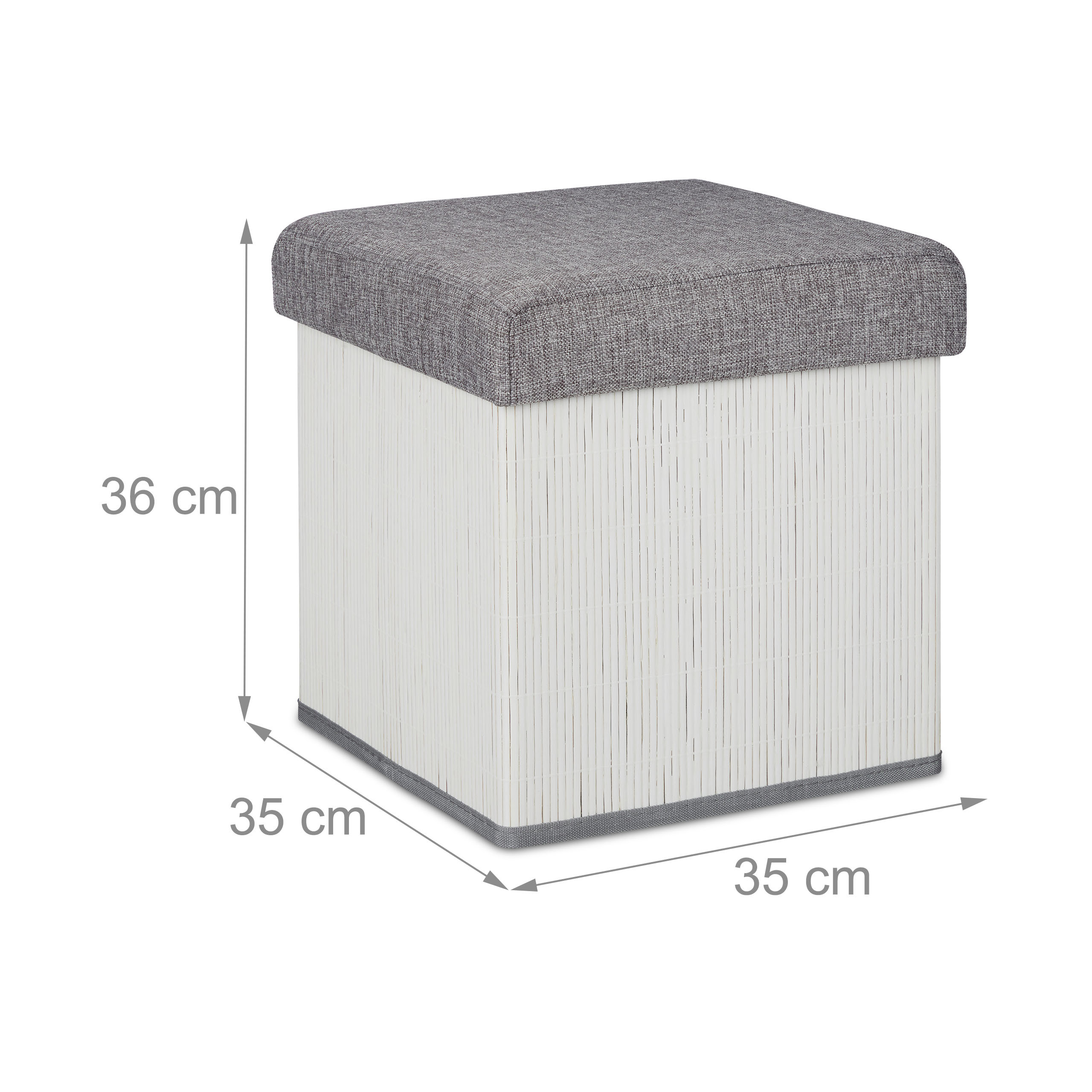 Ein quadratischer Hocker in Grau und Weiß, Maße 35x35x36 cm, auf weißem Hintergrund.