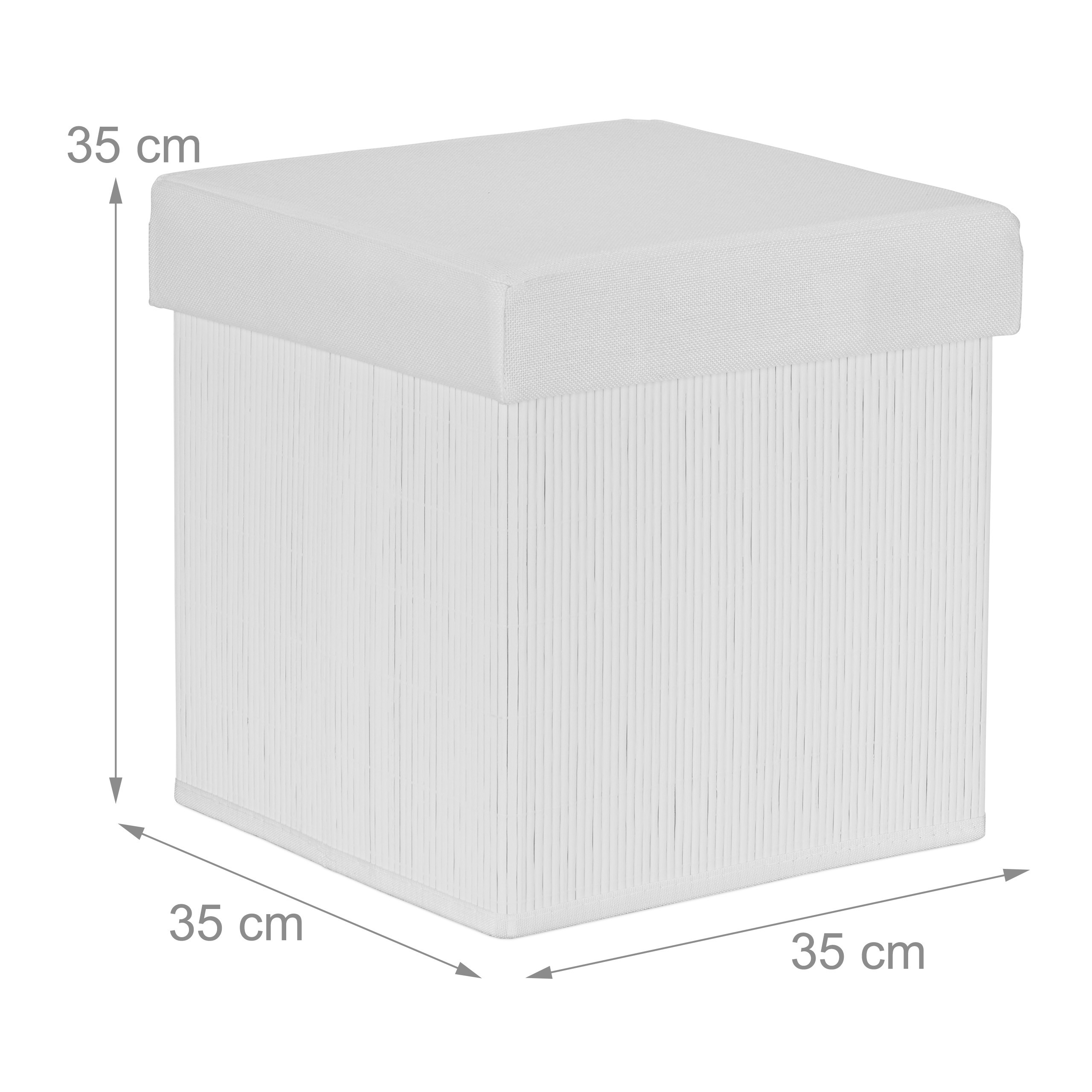 Ein weißer quadratischer Hocker mit Deckel und Maßen von 35x35x35 cm vor weißem Hintergrund.