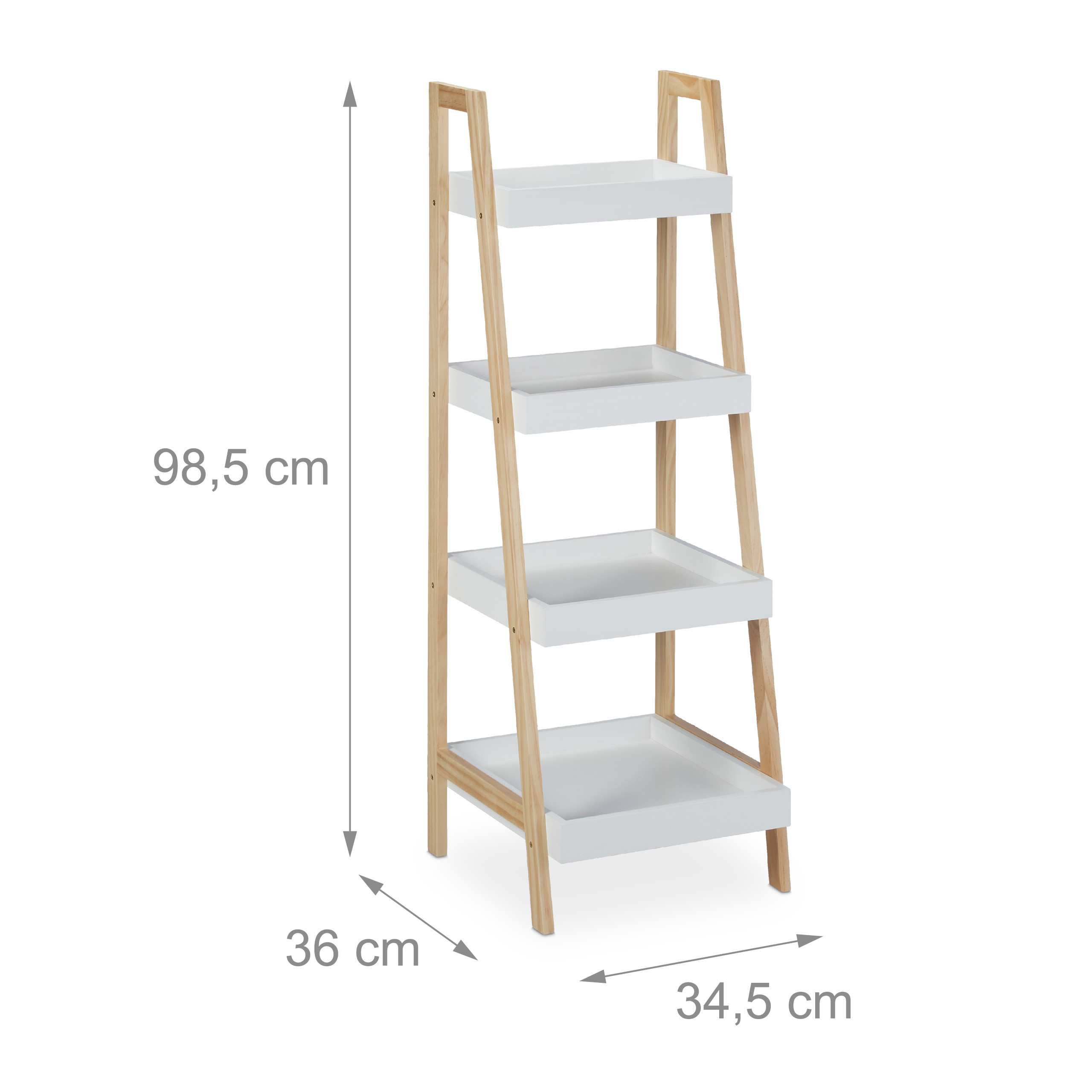 Holzregal mit vier weißen Böden, Höhe 98,5 cm, Tiefe 36 cm, Breite 34,5 cm.