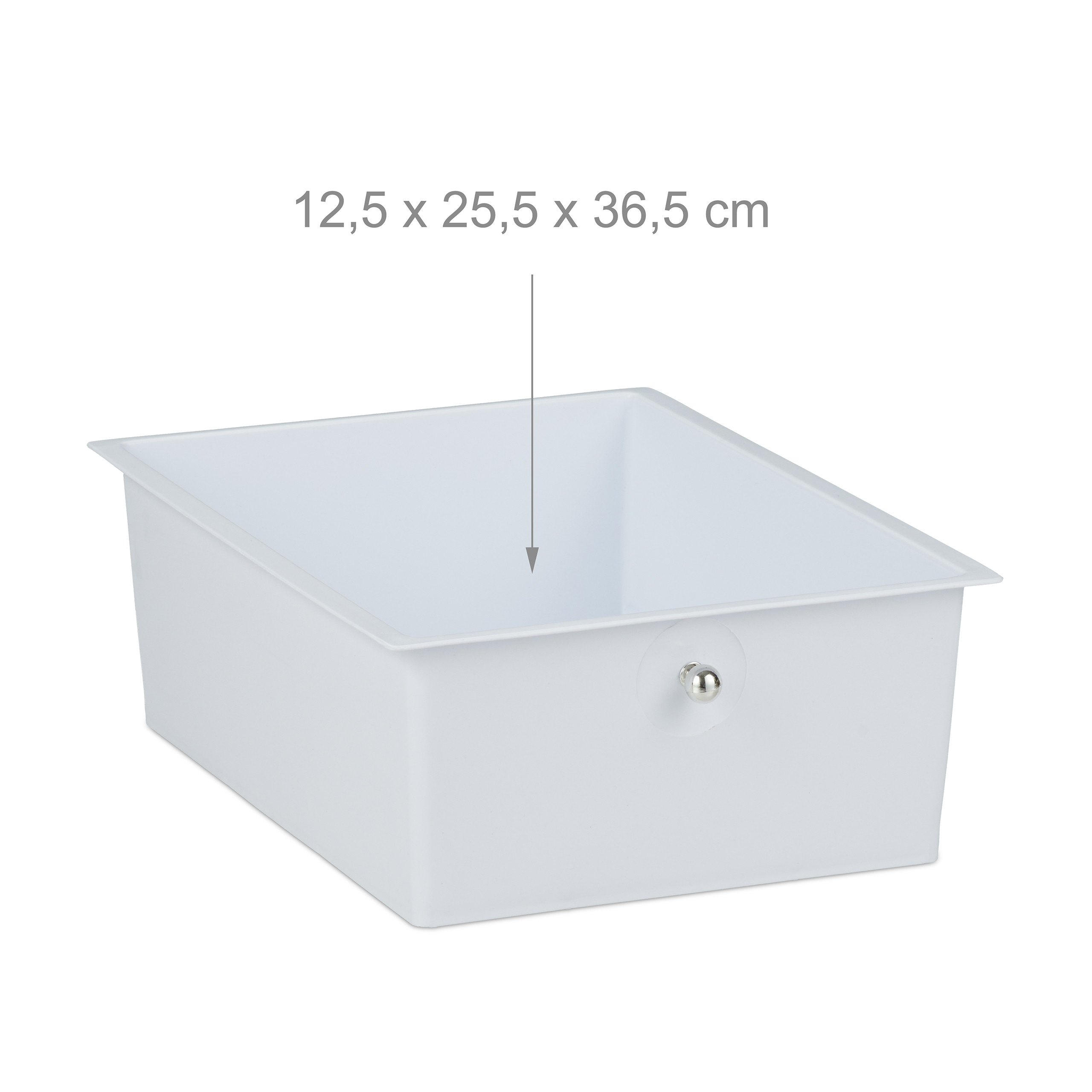 Weiße Aufbewahrungsbox mit Knauf und Maßangabe 12,5 x 25,5 x 36,5 cm.