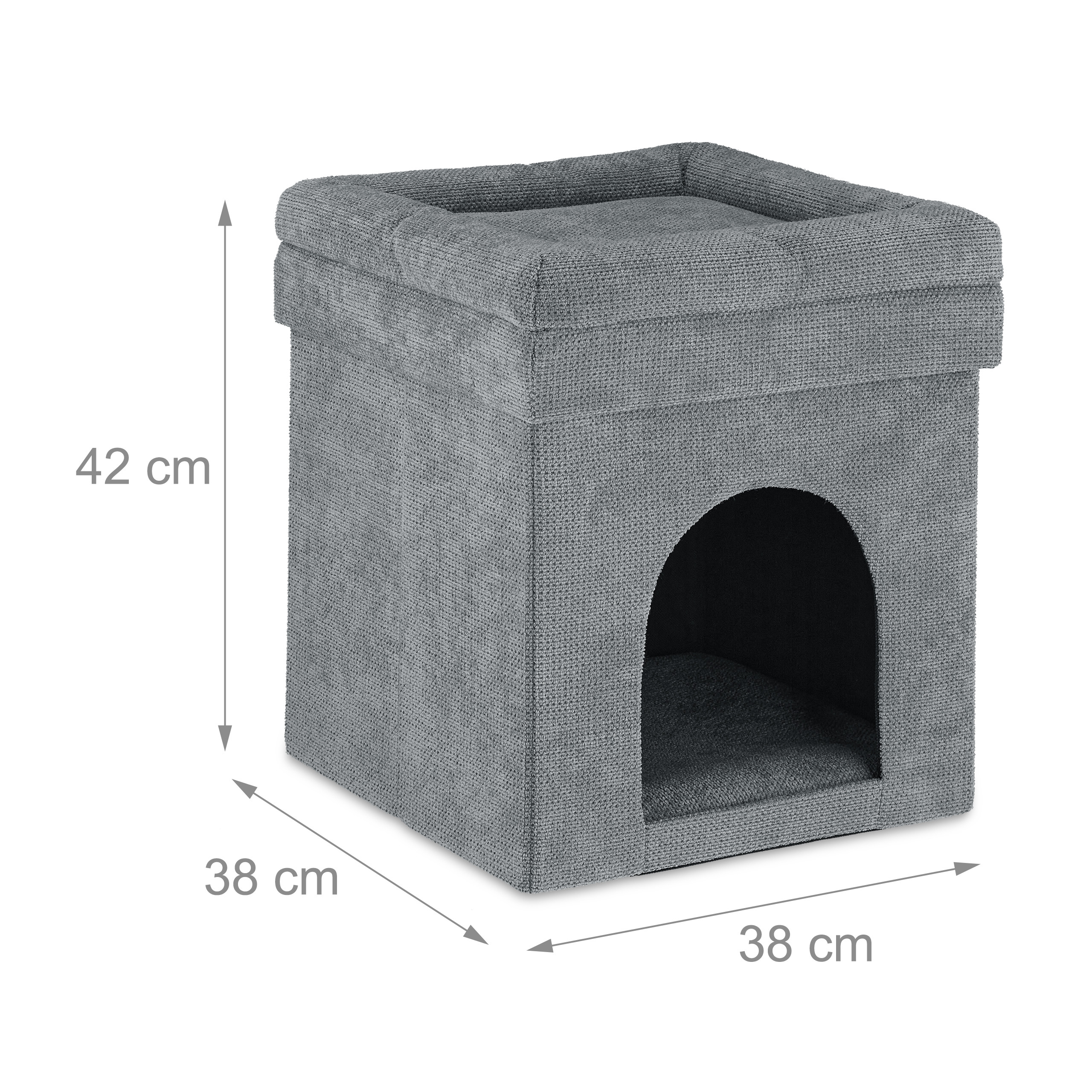 Graues, stoffbezogenes Katzenhaus mit Maßen: 42 cm Höhe, 38 cm Breite und 38 cm Tiefe.