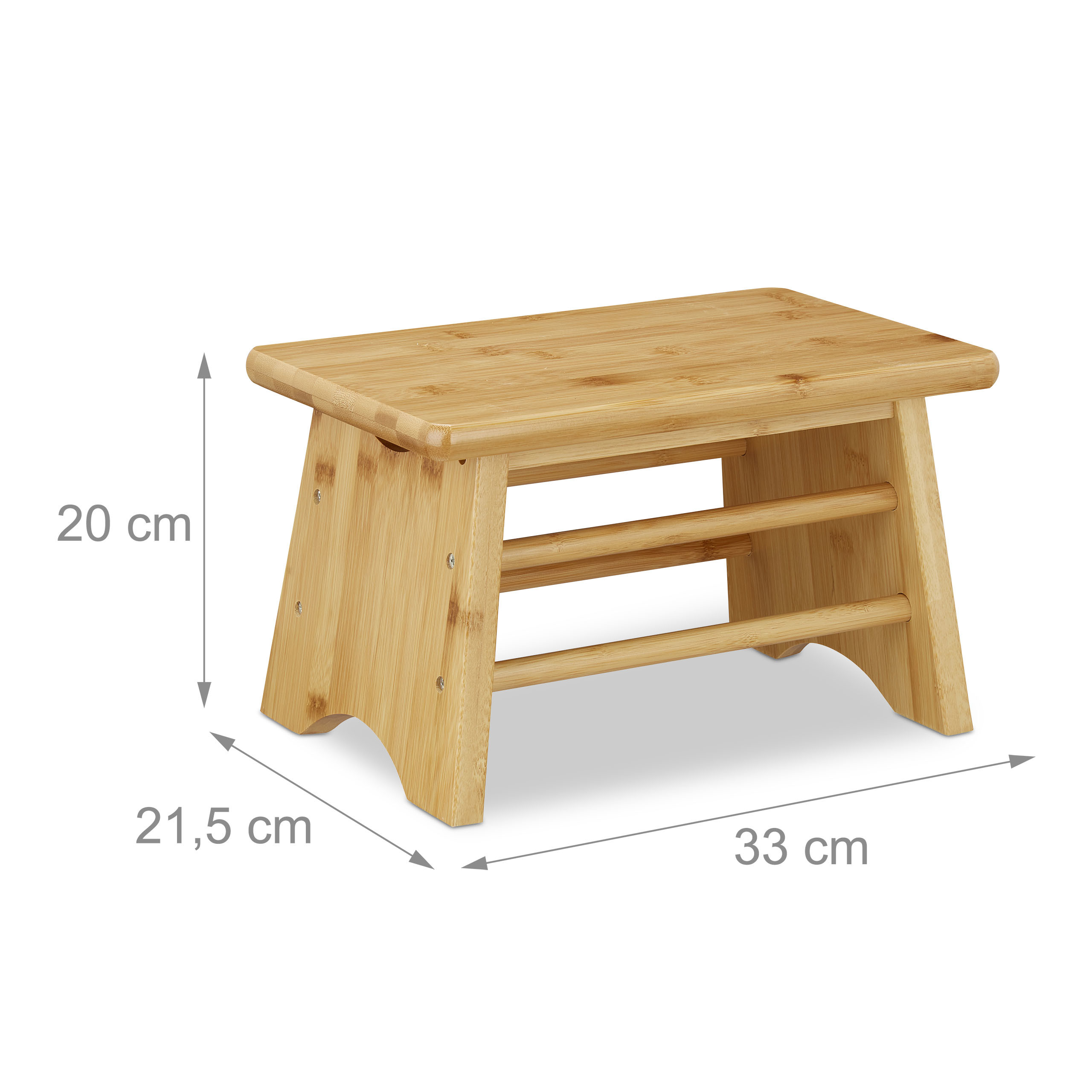Kleiner Holzhocker mit Abmessungen von 33x21,5x20 cm auf weißem Hintergrund.