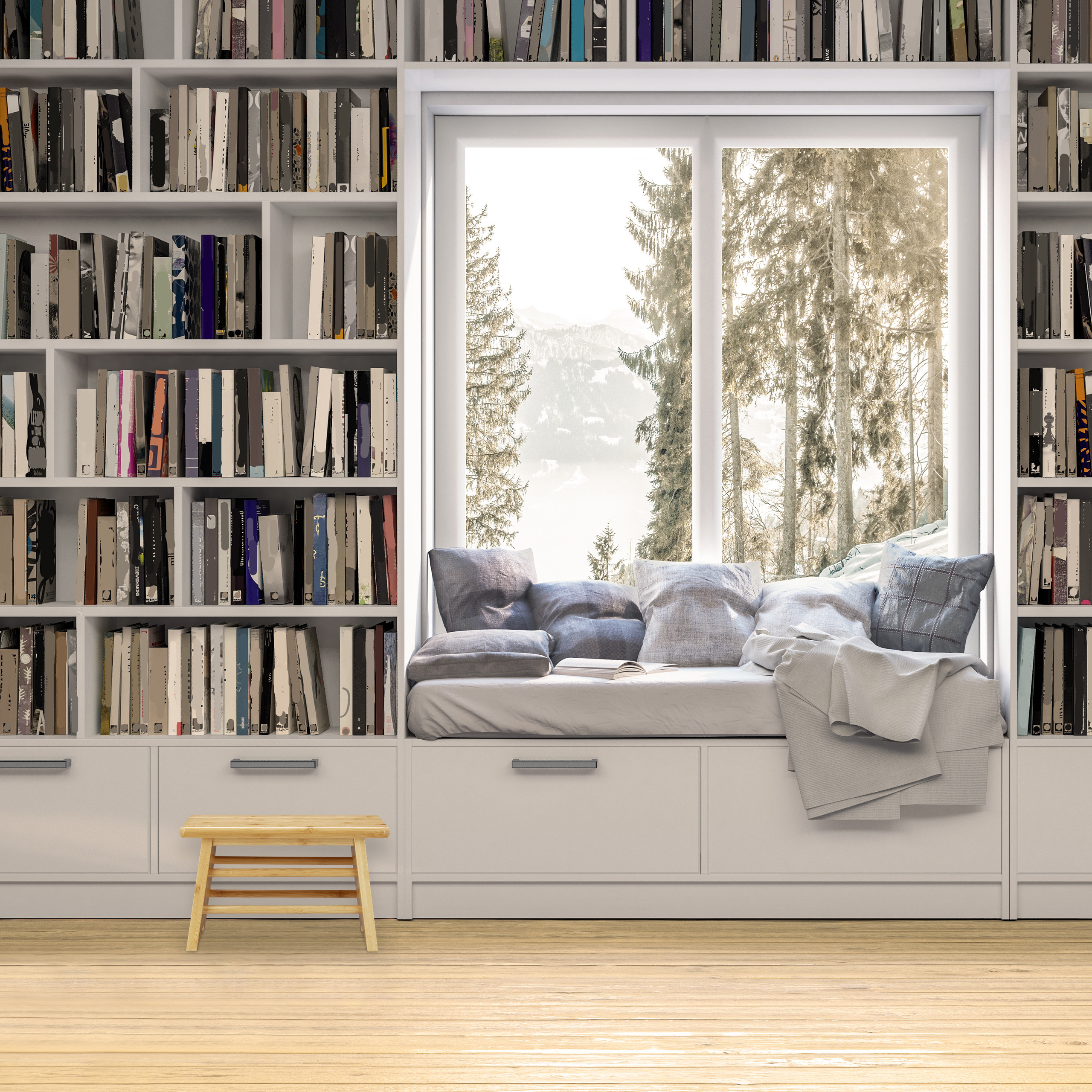 Bücherregale umrahmen eine gemütliche Fenstersitzbank mit Kissen und Blick auf den verschneiten Wald.