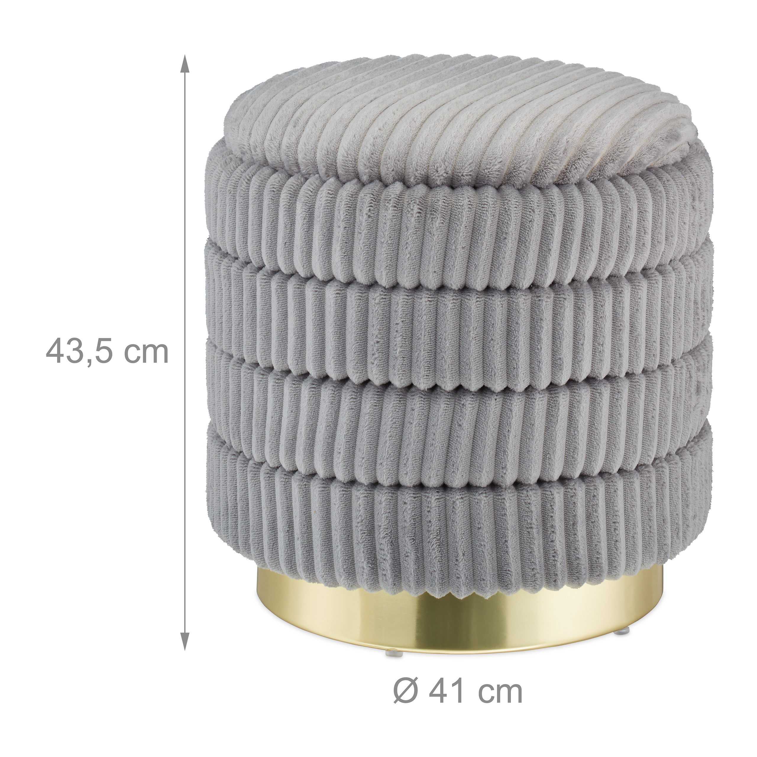 Grauer Cord-Puff mit goldener Basis und Maßangaben.