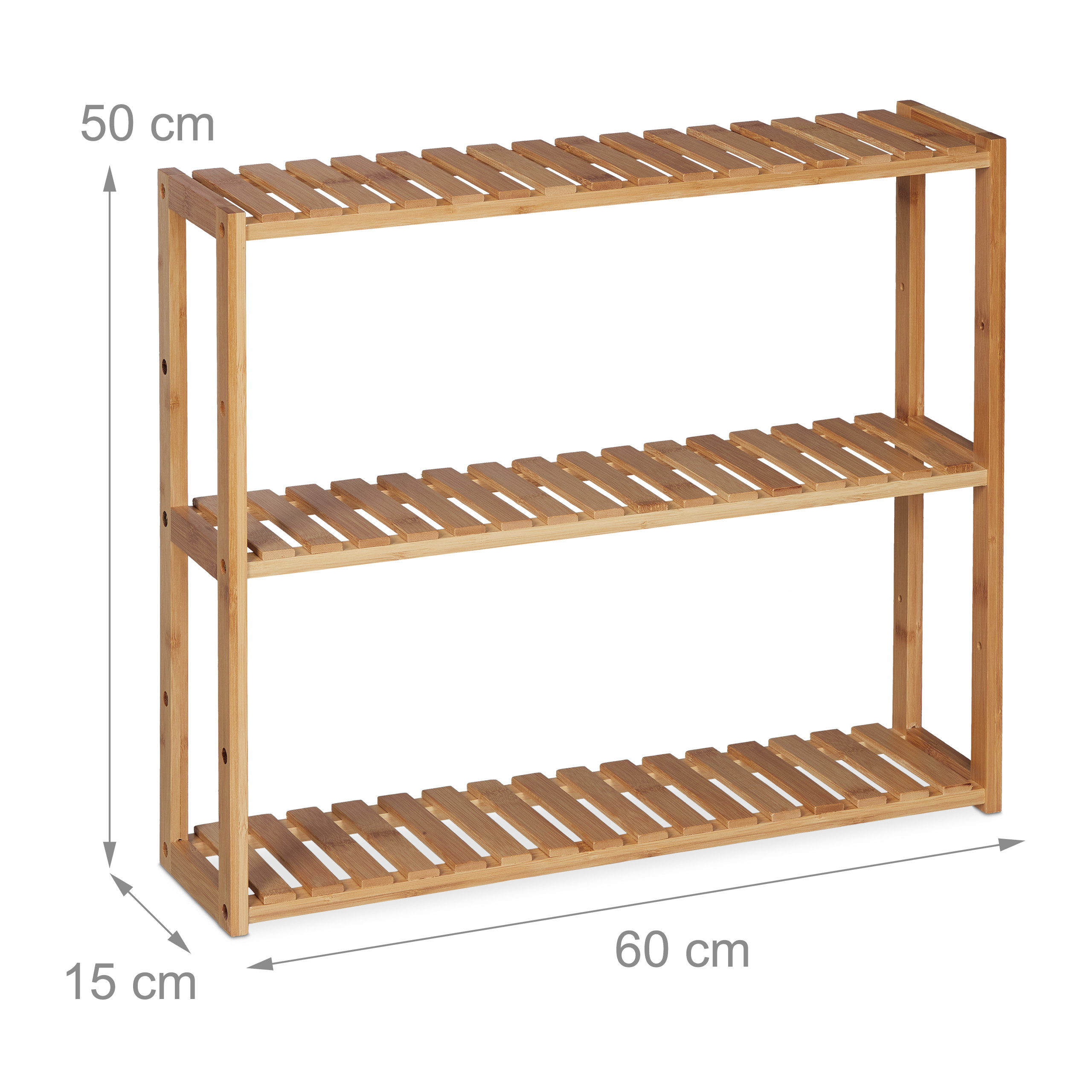 Dreistöckiges Bambus-Wandregal mit Bemaßung von 60x50x15 cm auf weißem Hintergrund.
