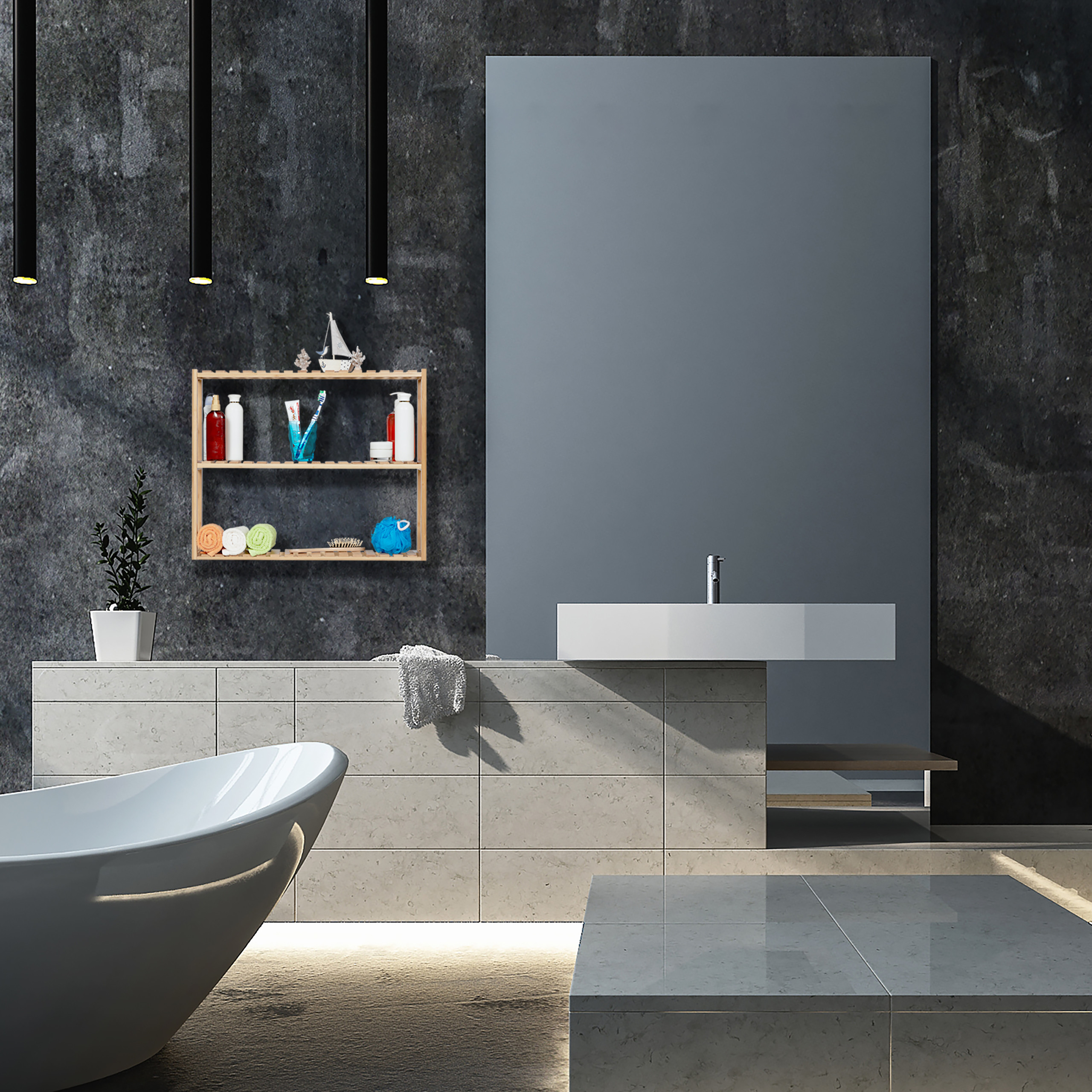 Modernes Badezimmer mit grauen Wänden, freistehender Wanne, Waschbecken und Holzregal mit Badutensilien.