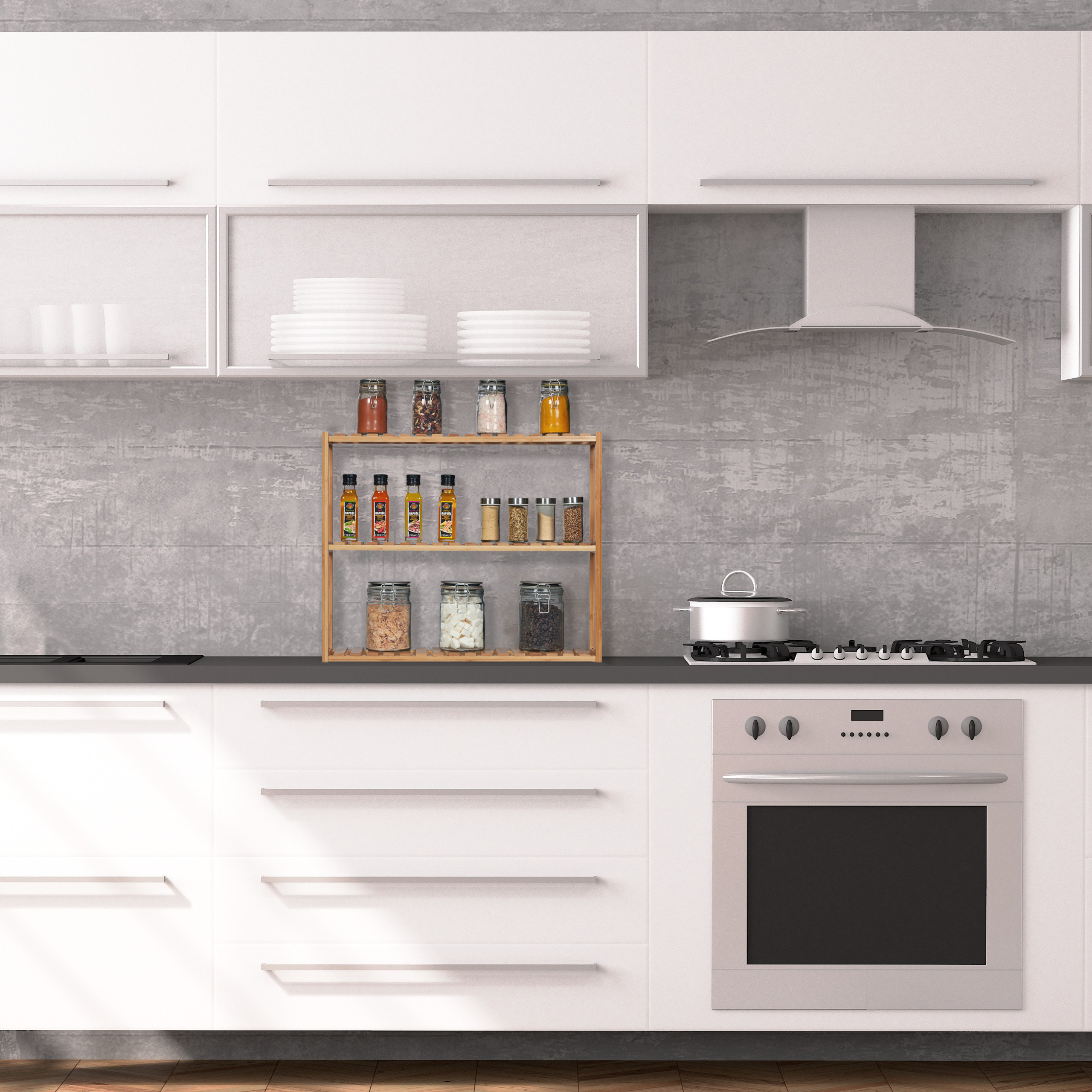 Moderne weiße Küche mit grauem Betonhintergrund, Holzdrehregal für Gewürze und Edelstahlherd.