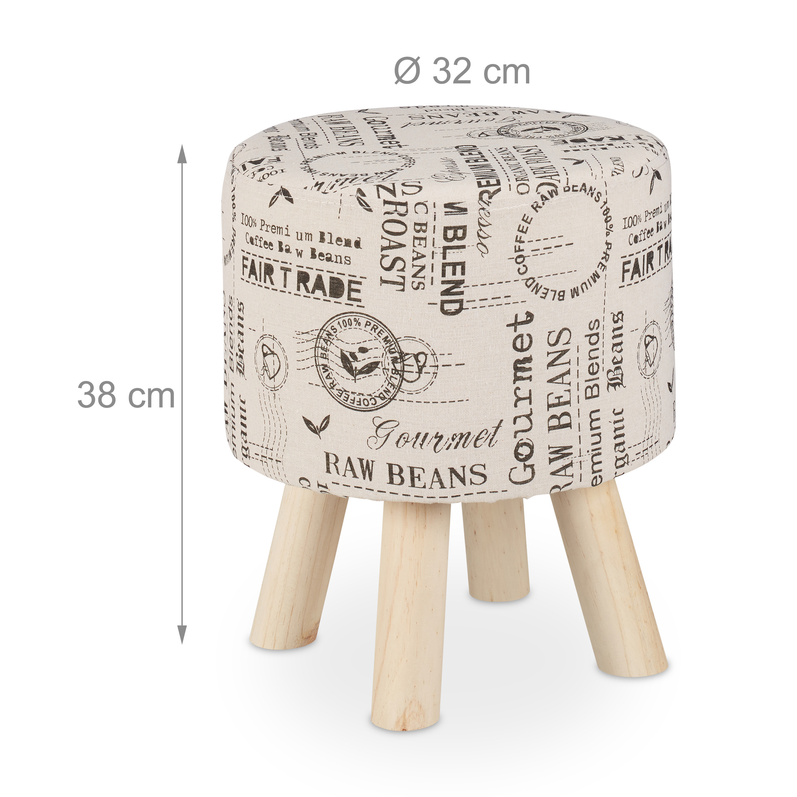 Runder Hocker mit Kaffeemotiv-Stoffbezug und vier hellen Holzbeinen, 38 cm hoch und 32 cm im Durchmesser.