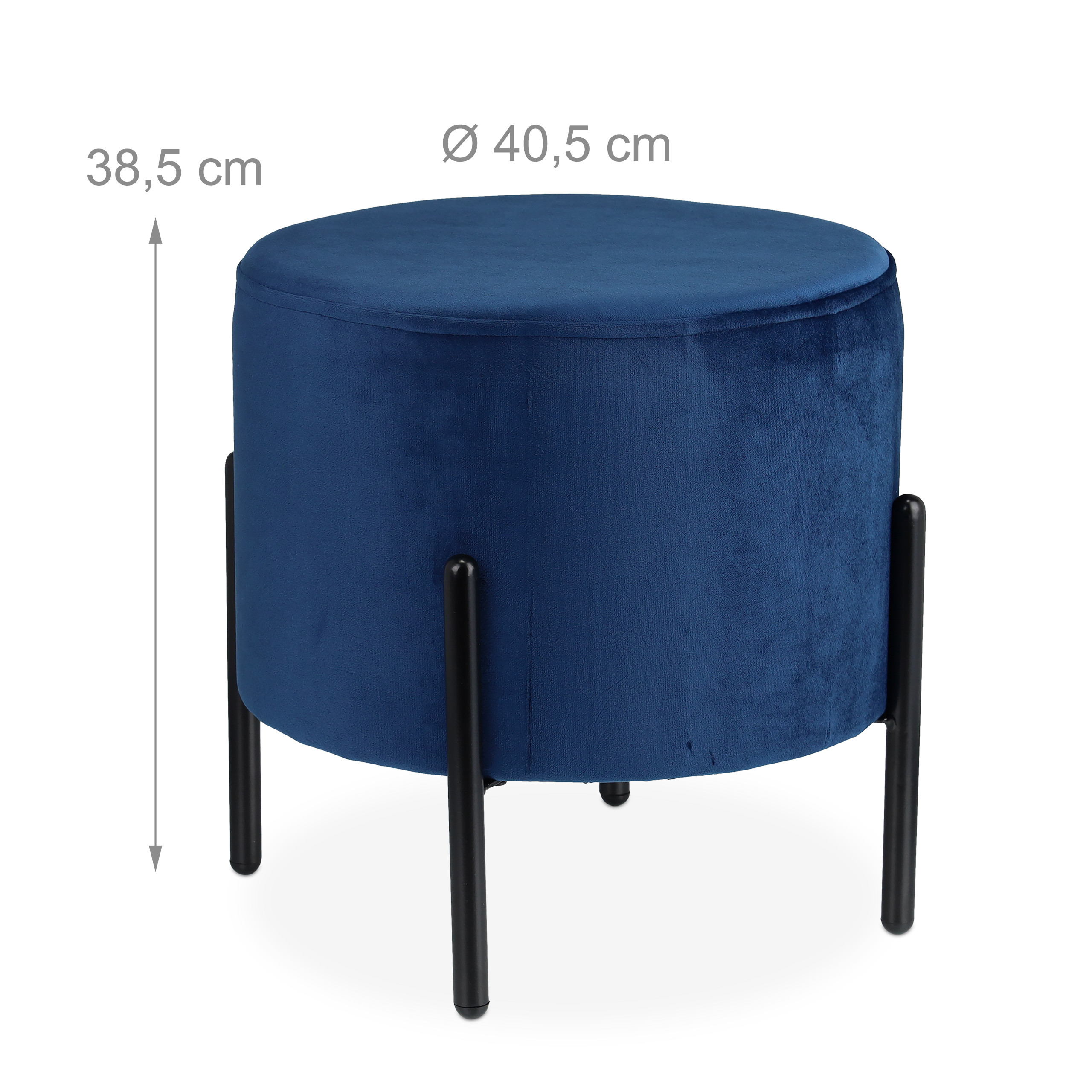 Blauer Samt-Hocker mit schwarzen Metallbeinen, 38,5 cm hoch und 40,5 cm Durchmesser auf weißem Hintergrund.
