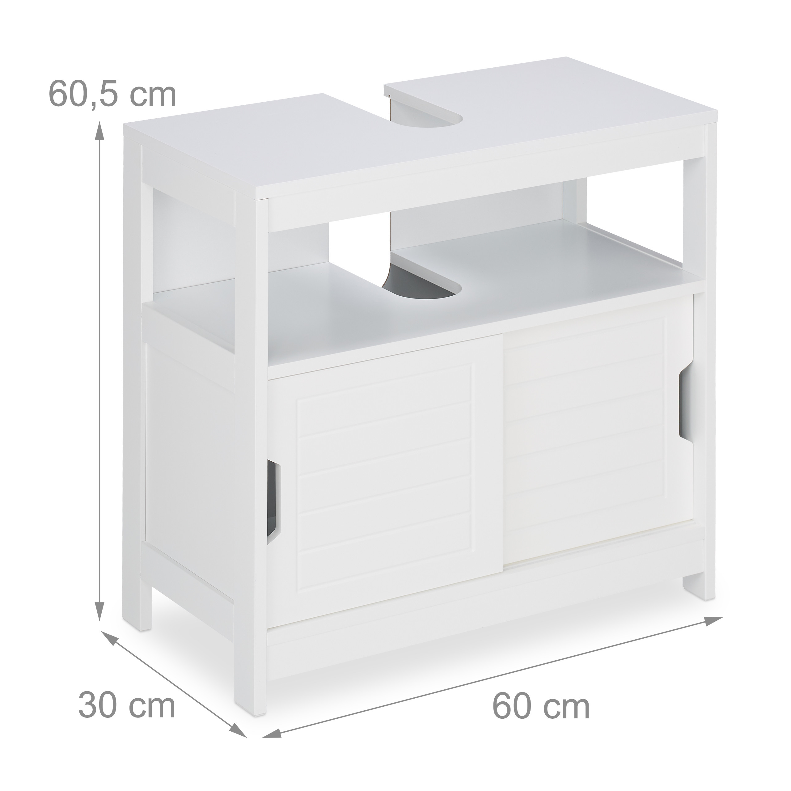 Weißer Waschtischunterschrank mit Maßen: 60,5 cm Höhe, 30 cm Tiefe und 60 cm Breite.