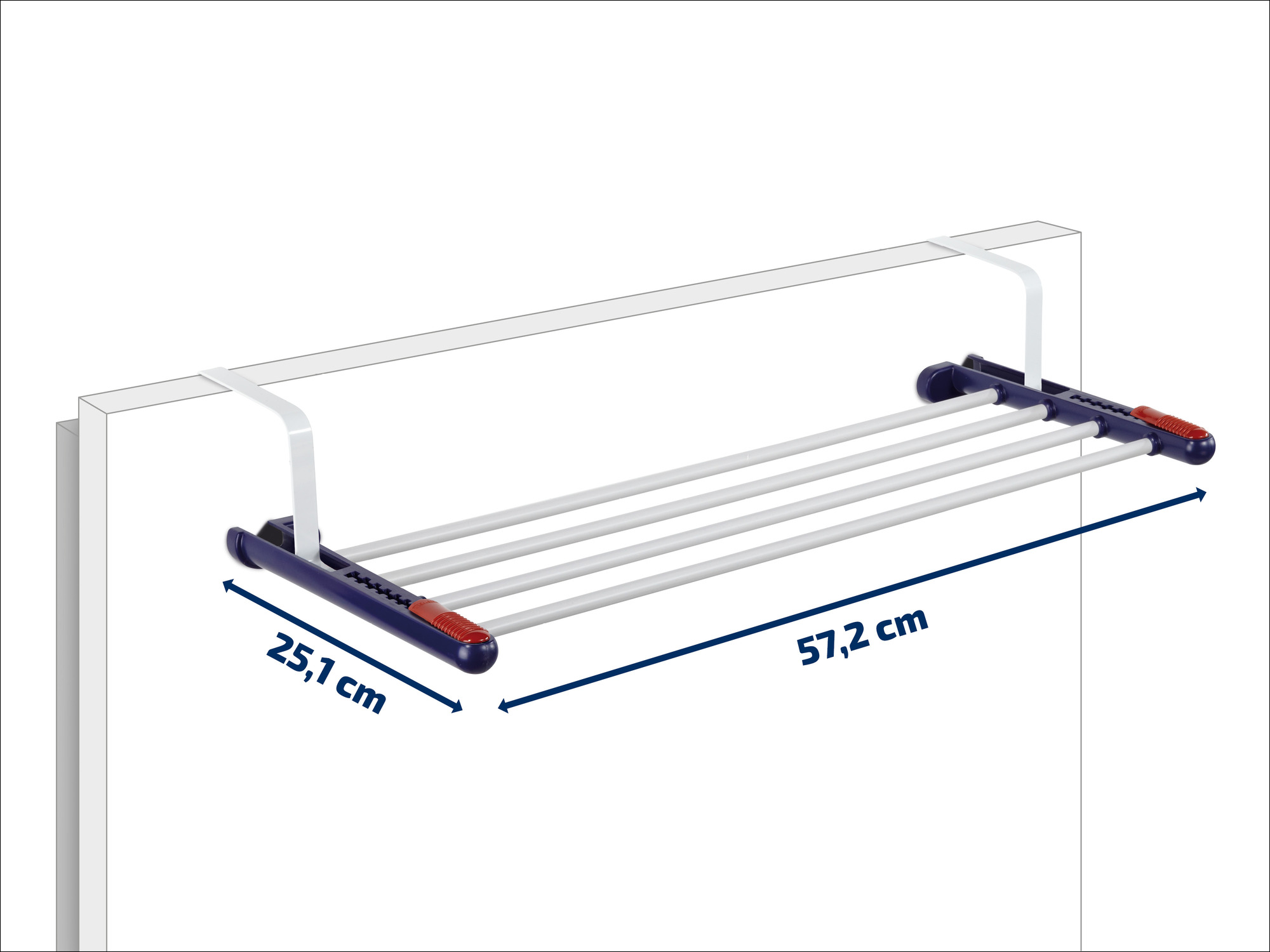 Tendedero para puerta con dimensiones de 57.2 cm de ancho y 25.1 cm de profundidad, con barras azules y blancas.