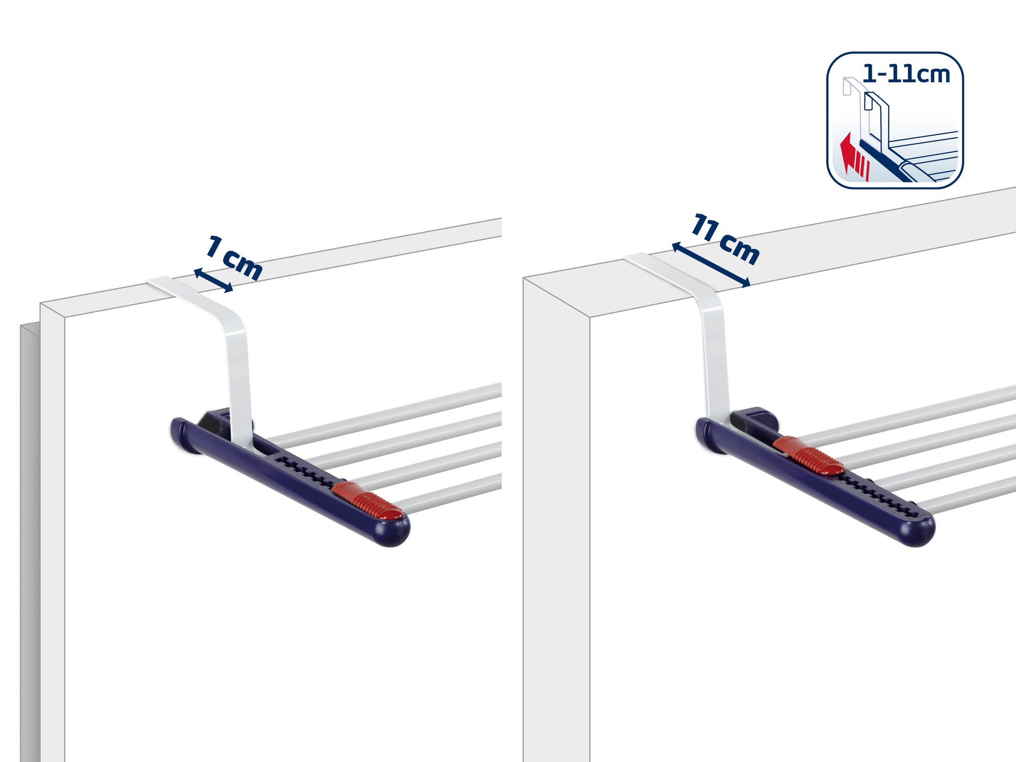 Tendedero con soporte ajustable de 1 a 11 cm para puertas o balcones.