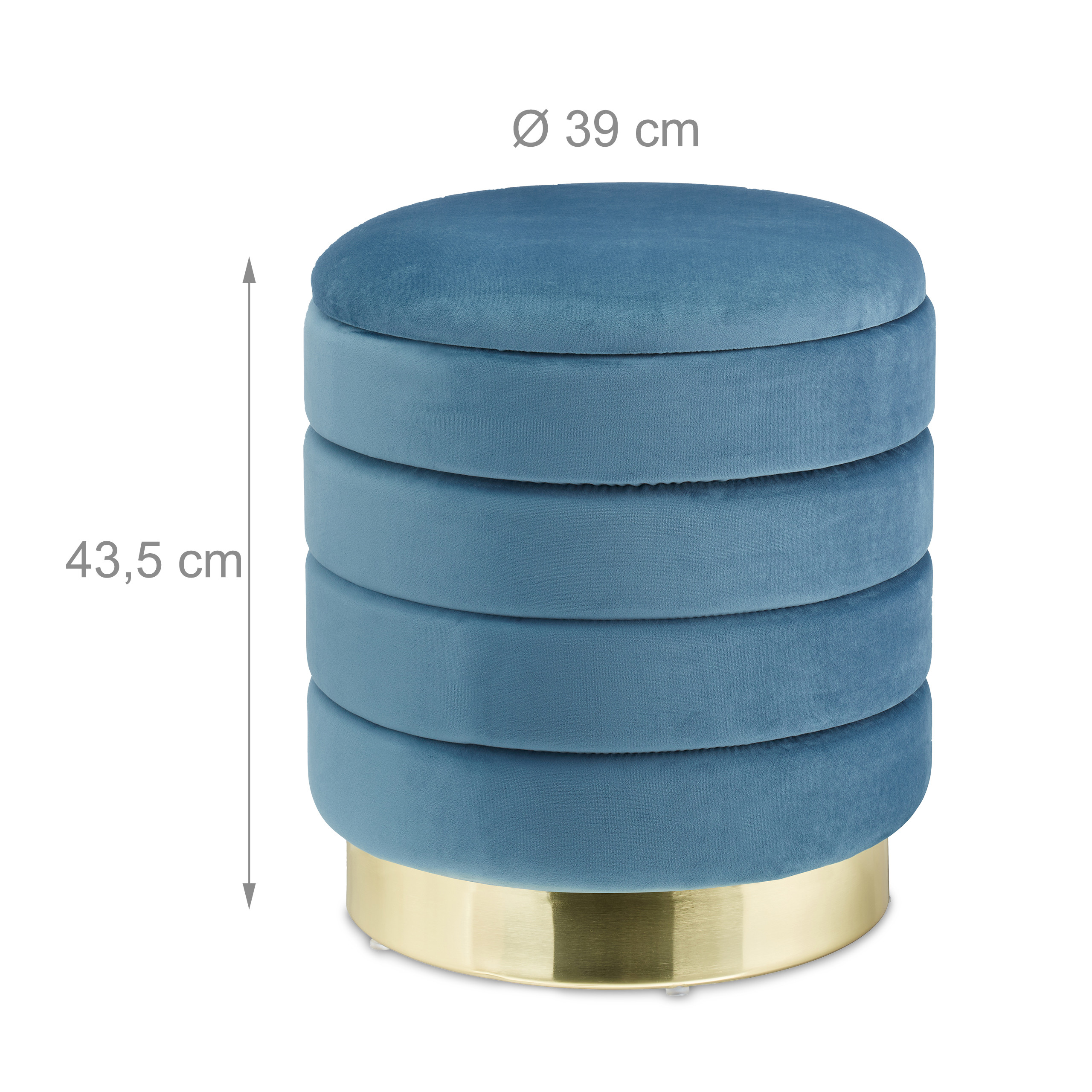 Blauer Samthocker mit goldenem Sockel, Durchmesser 39 cm, Höhe 43,5 cm.