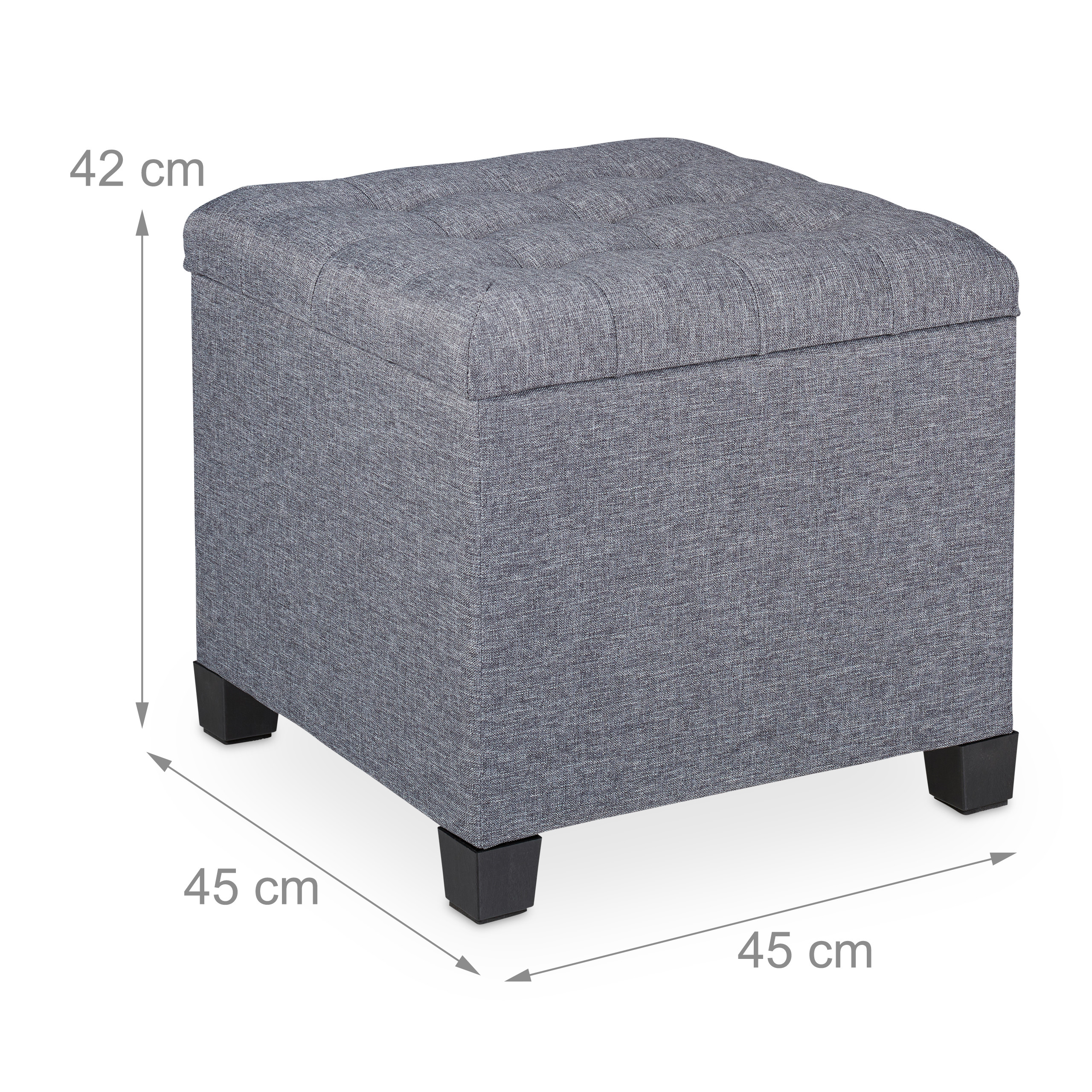Grauer gepolsterter Hocker mit Maßen von 42x45x45 cm auf schwarzem Fuß.