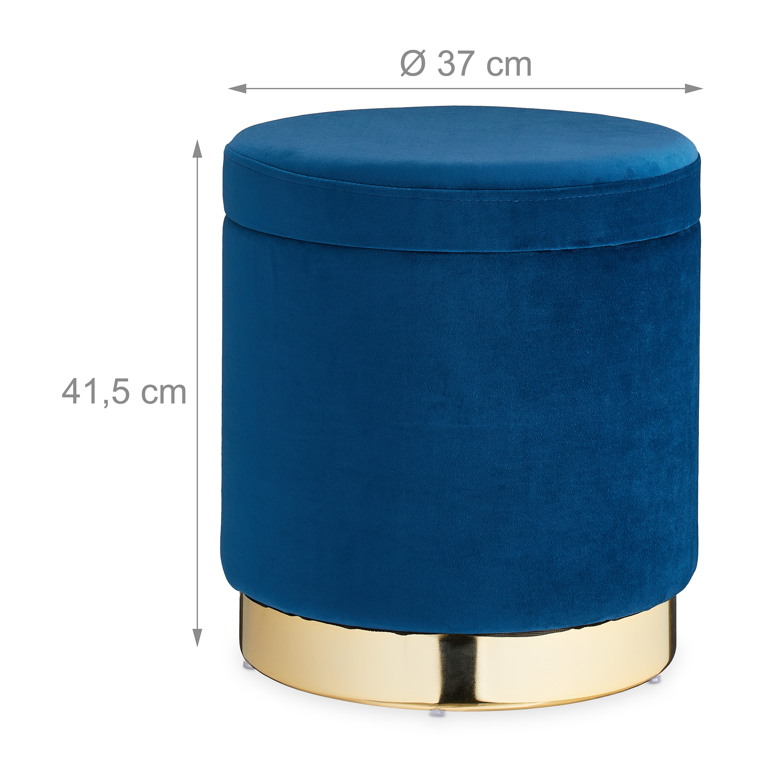 Runder blauer Samt-Hocker mit goldener Basis, 37 cm Durchmesser und 41,5 cm Höhe.