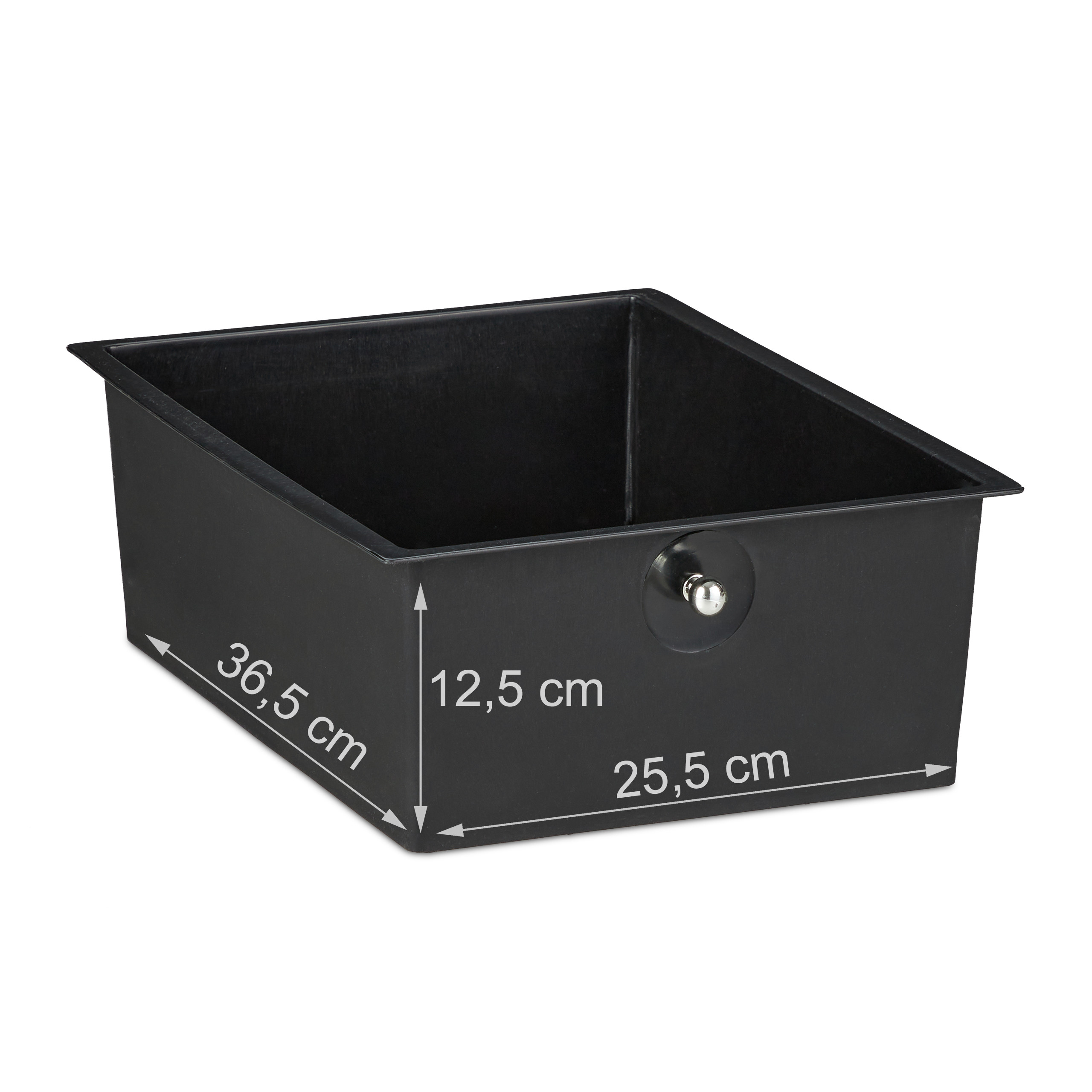 Schwarze Plastikschublade mit silbernem Griff und aufgedruckten Maßen: 36,5 x 25,5 x 12,5 cm.