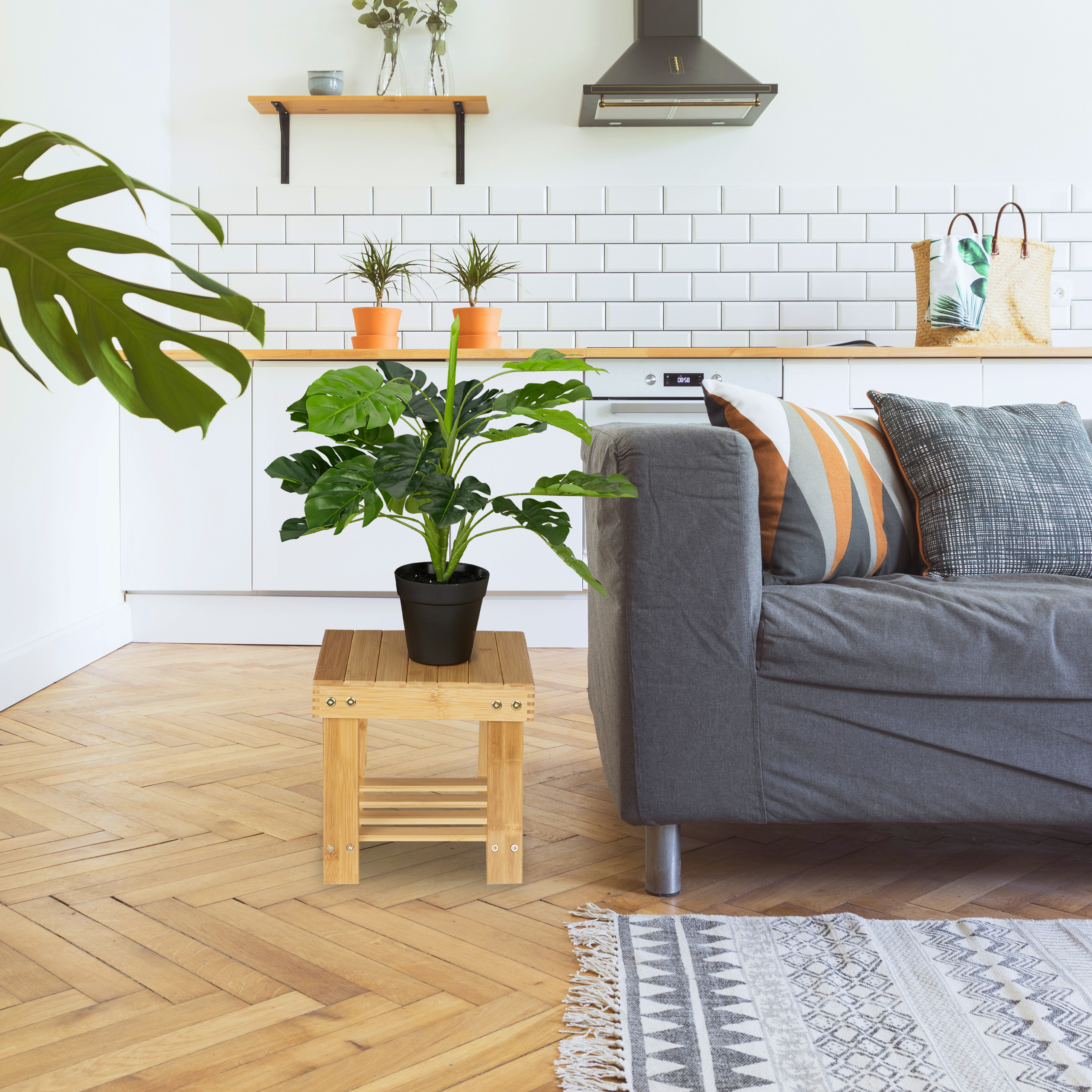 Eine grüne Topfpflanze auf einem Holzhocker in einem hellen Wohnzimmer mit grauem Sofa und offener Küche.