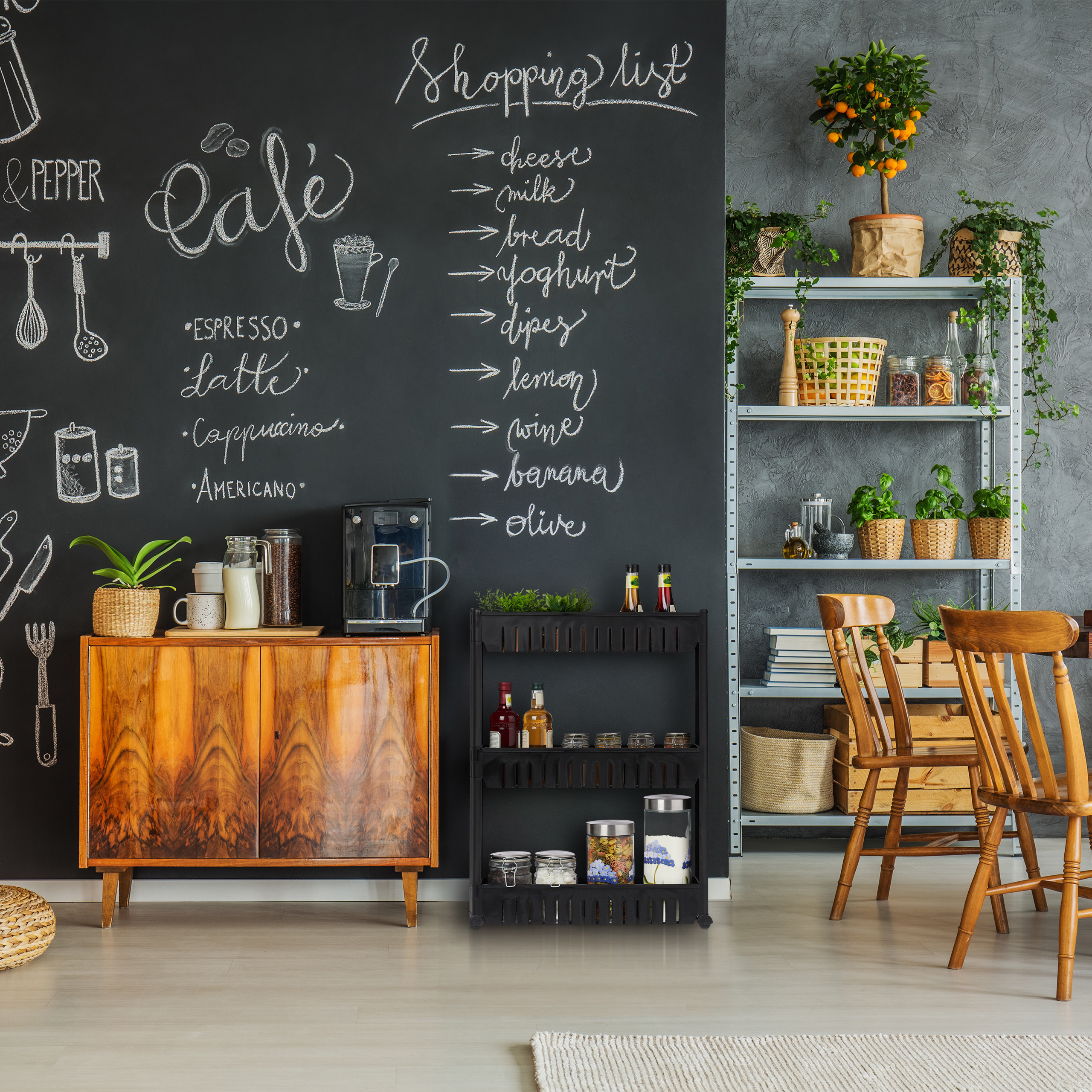 Ein Café-Wandbild mit einer Kaffeemaschine auf einem Holzschrank und Regalen mit Pflanzen.