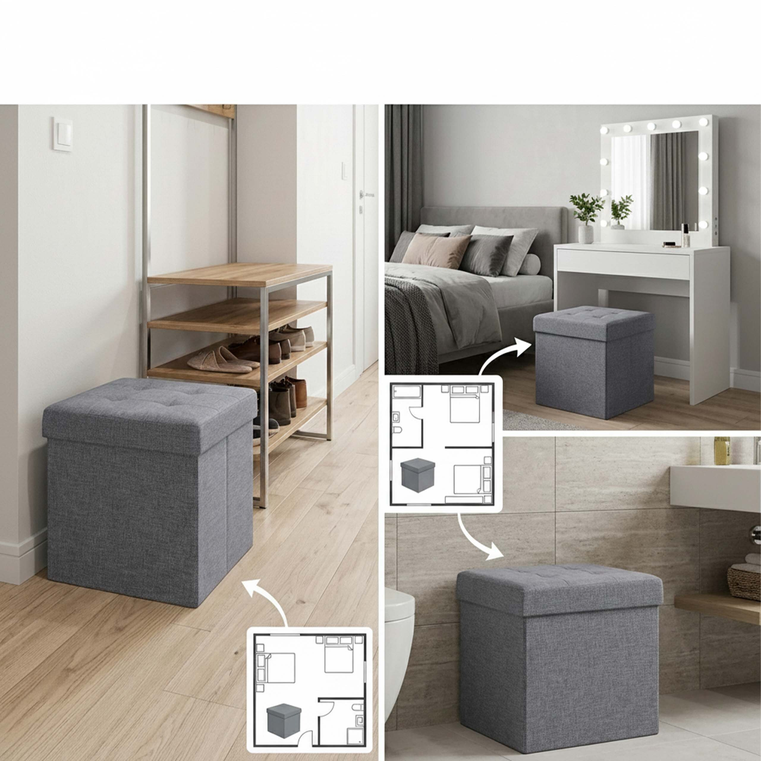 Ein grauer Polsterhocker mit Stauraum in verschiedenen Wohnbereichen wie Flur, Schlafzimmer und Bad.