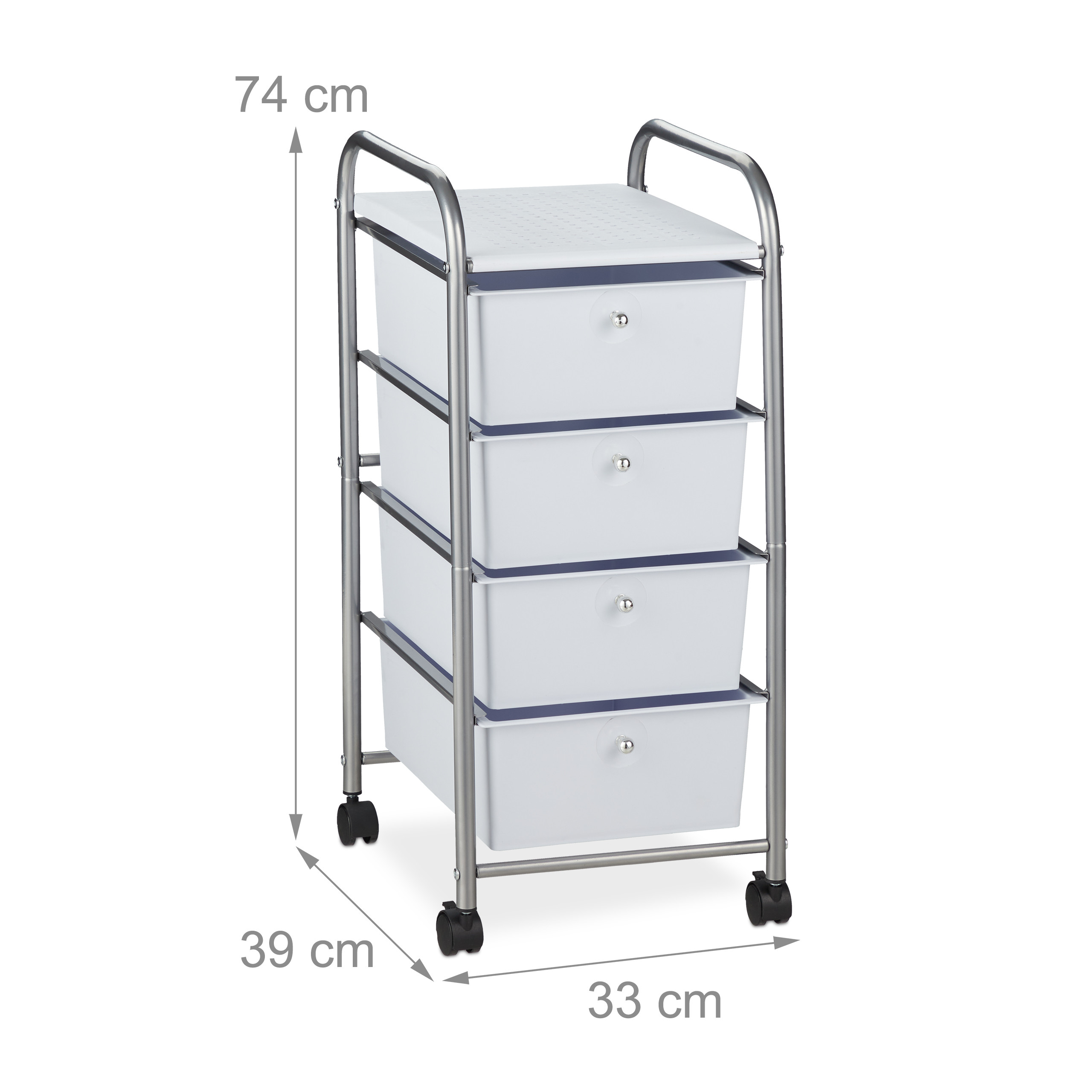 Weißer Rollcontainer mit vier Schubladen, Metallrahmen und Maßen von 74x33x39 cm auf weißem Hintergrund.