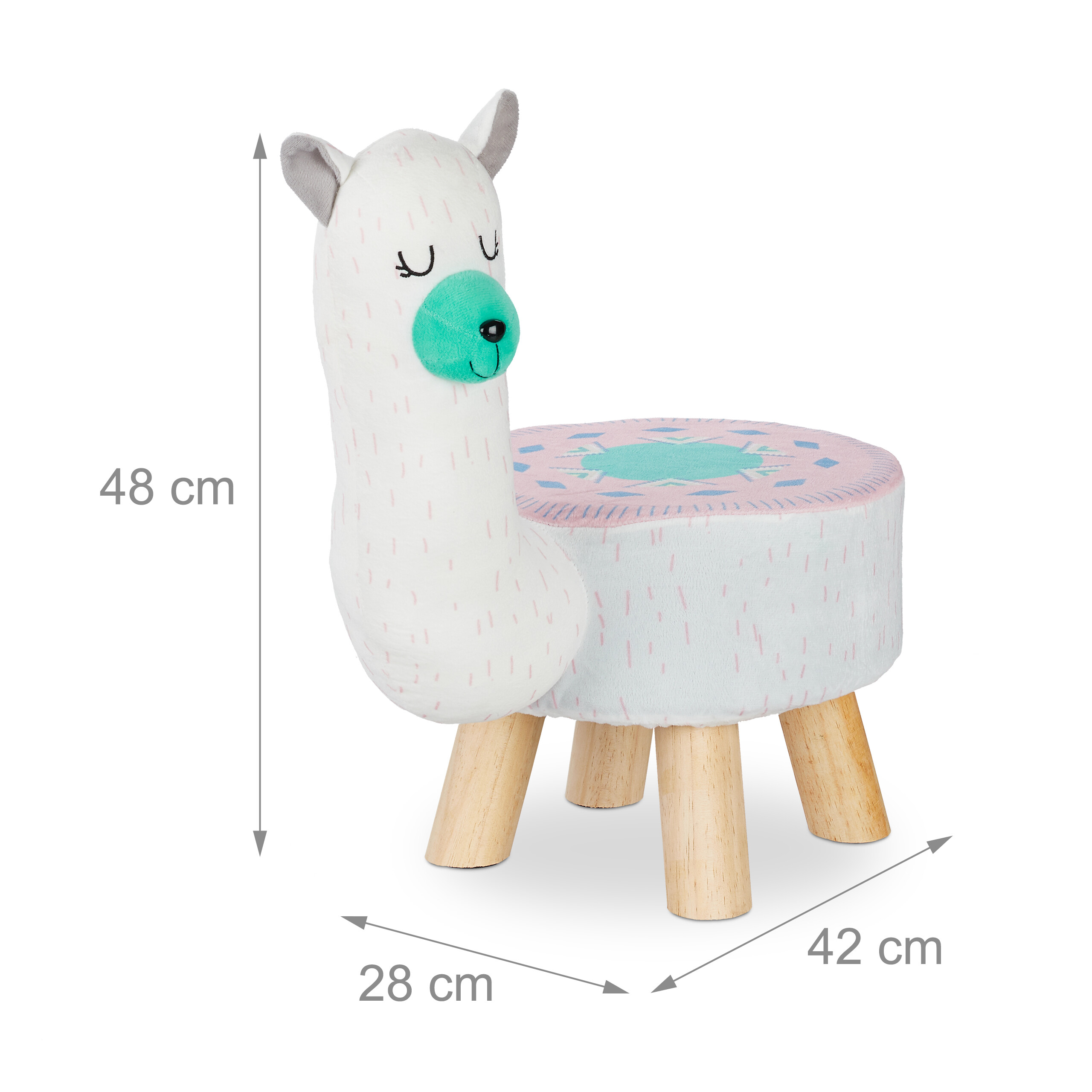 Ein weißer Lama-Hocker mit Holbeinen und Maßen von 48 cm Höhe, 28 cm Breite und 42 cm Länge.