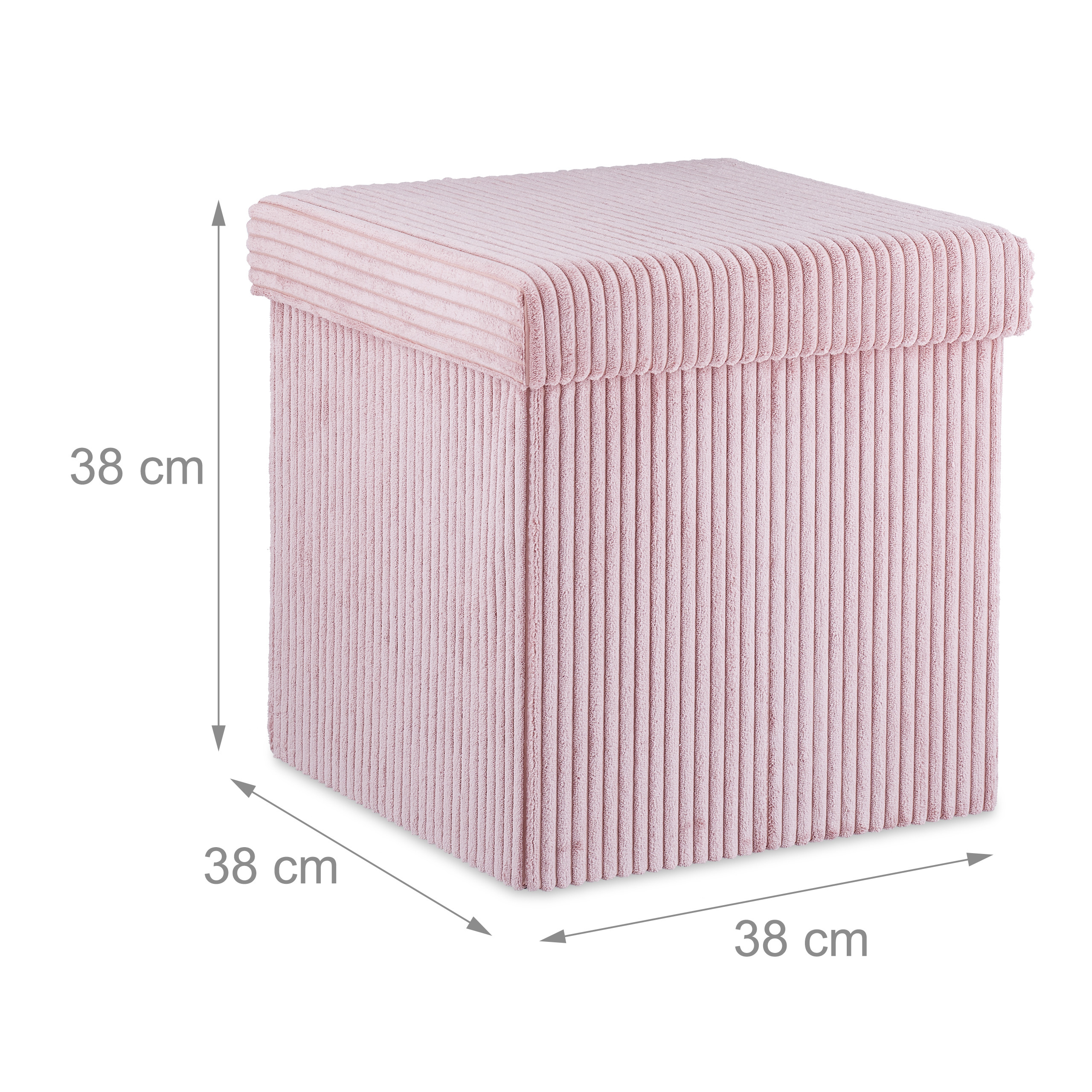 Ein rosafarbener Cord-Hocker mit Abmessungen von 38 mal 38 mal 38 Zentimetern.