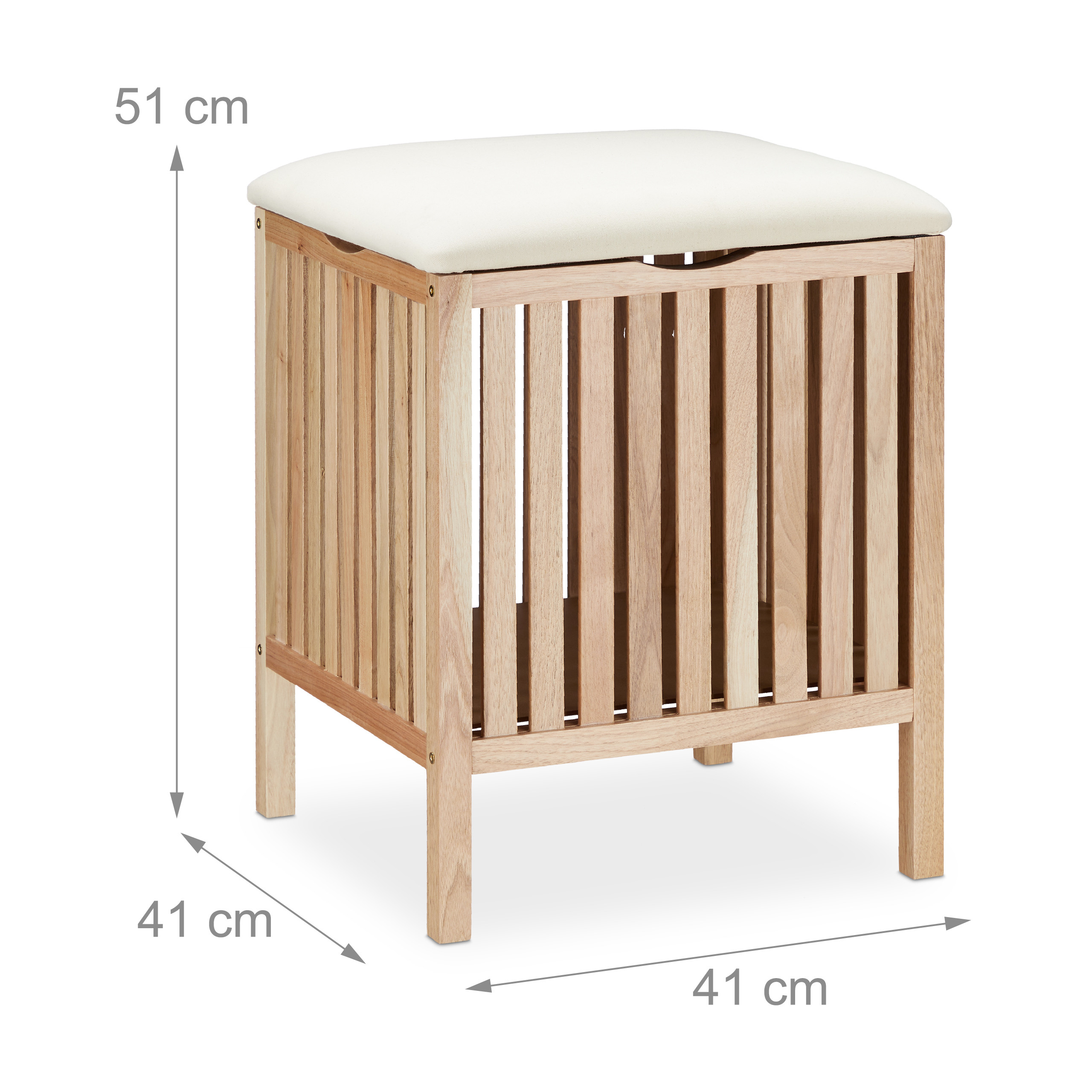 Holzhocker mit weißem Sitzkissen und Lattenstruktur, Maße 51x41x41 cm, auf weißem Hintergrund.