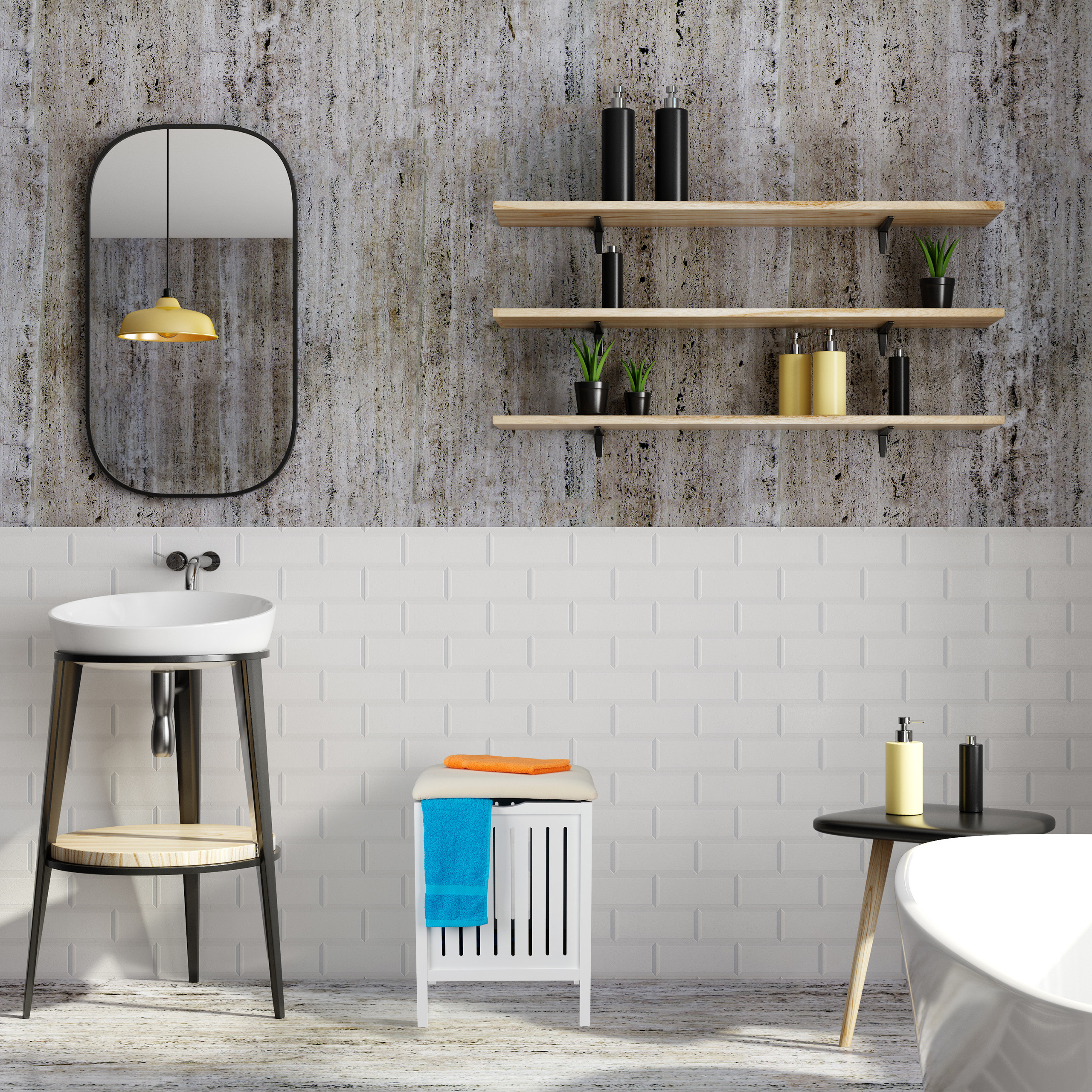Badezimmer mit Waschbecken, Spiegel, Regalen mit Flaschen und Pflanzen, kleinem Schrank mit Handtüchern und Badewanne.
