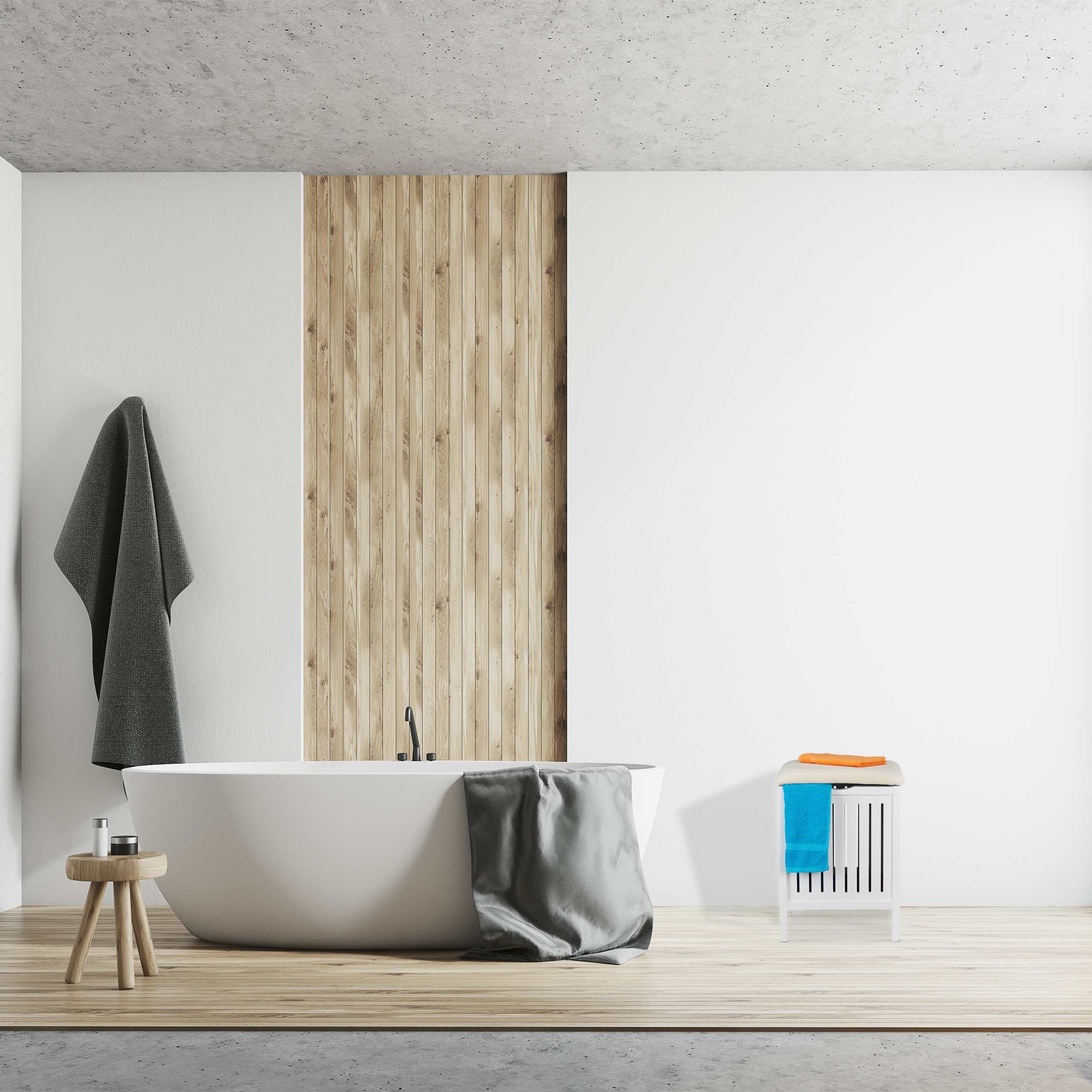 Ein modernes Badezimmer mit einer weißen Badewanne, Holzwandverkleidung und Handtüchern auf einem Stuhl.