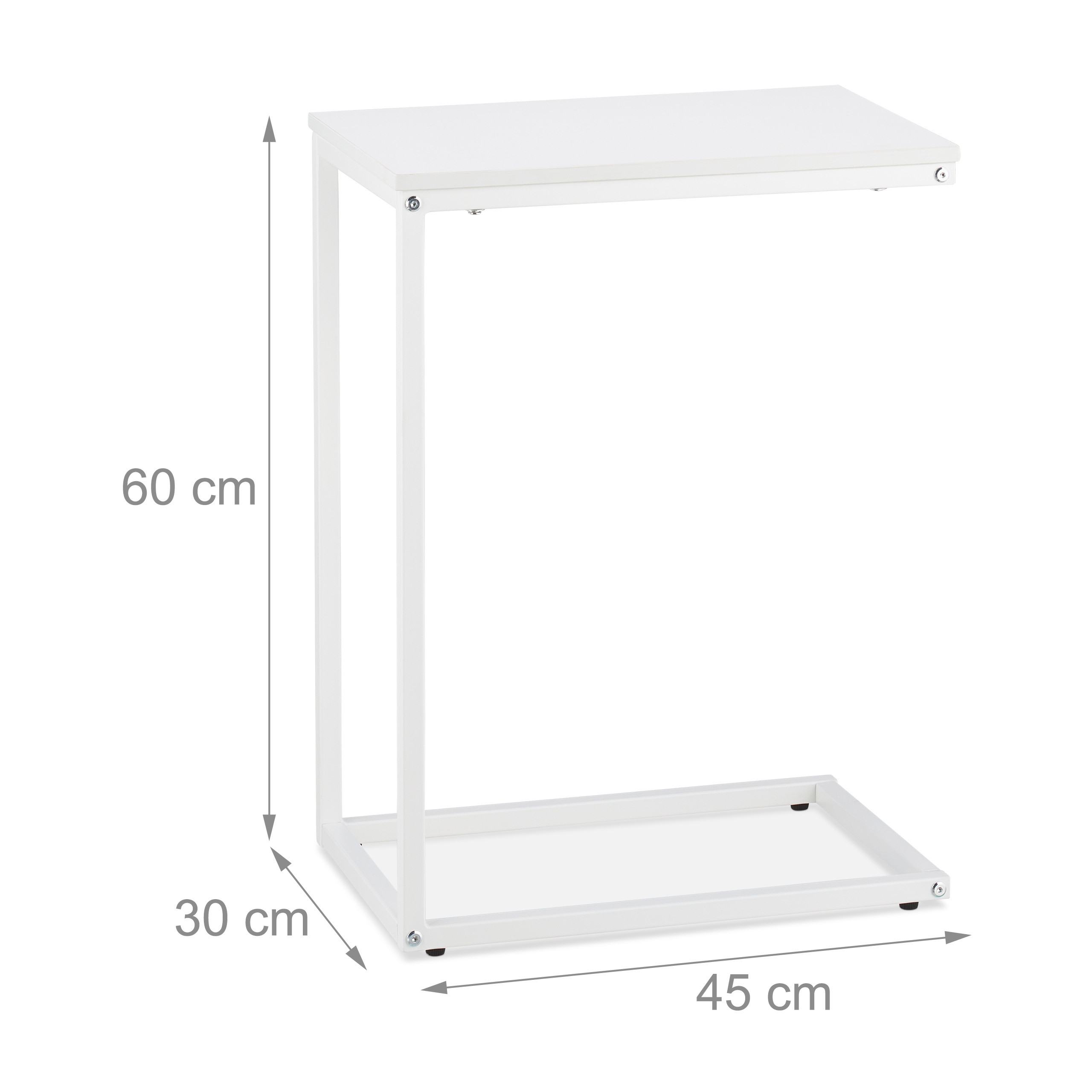 Ein weißer C-förmiger Beistelltisch mit Maßen: 60 cm Höhe, 45 cm Breite und 30 cm Tiefe.