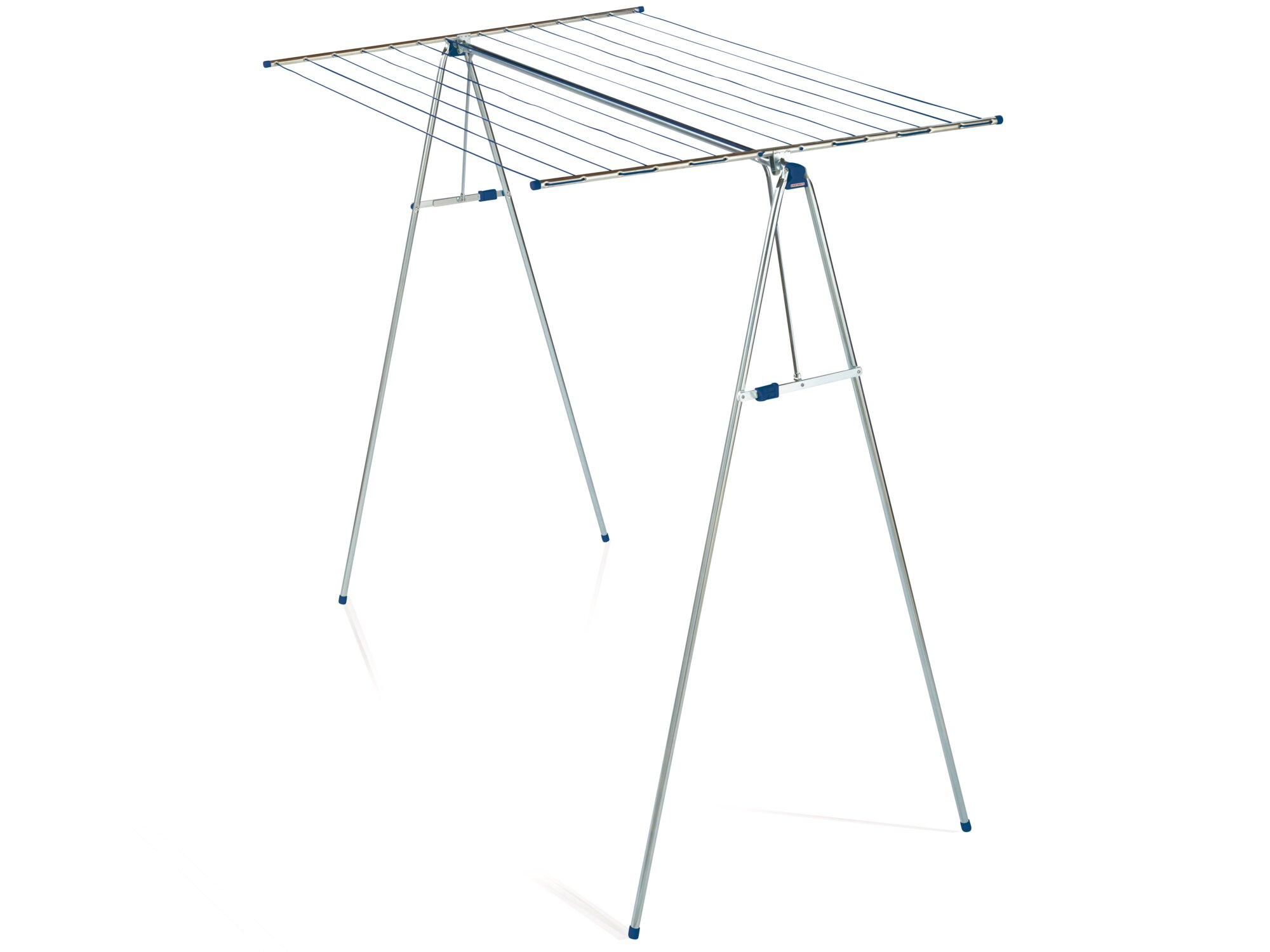 Stendibiancheria argentato indipendente con linee blu su sfondo bianco.
