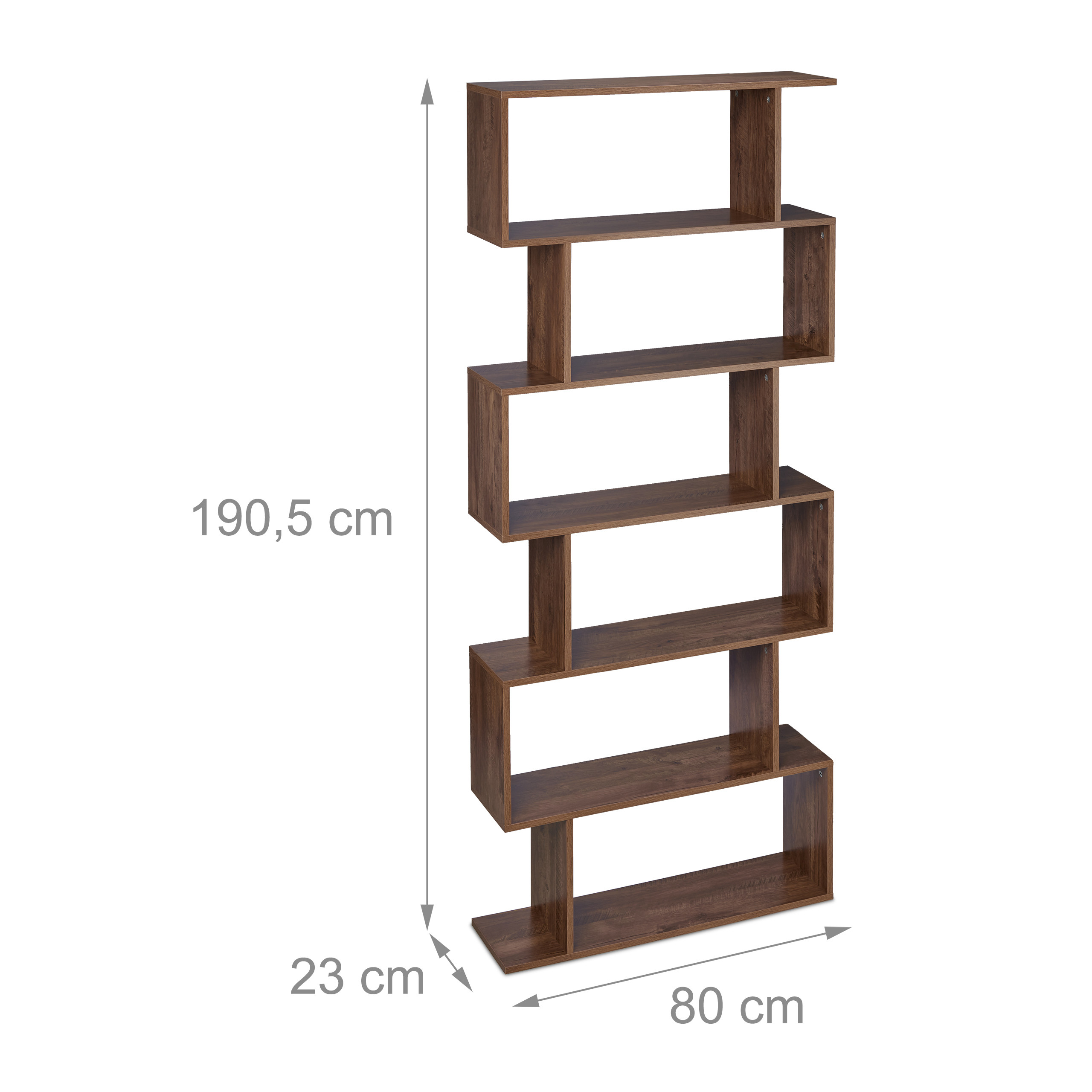 Braunes Zickzack-Bücherregal mit den Maßen 190,5 cm Höhe, 80 cm Breite und 23 cm Tiefe.