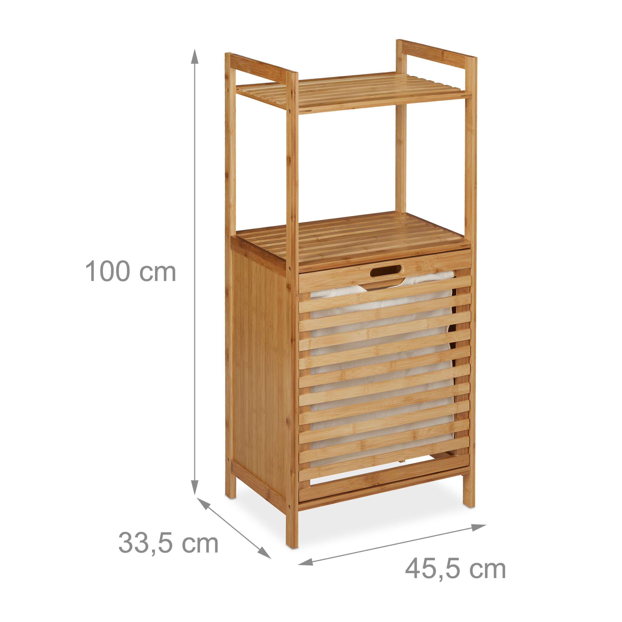 Bambus-Wäschekorb mit oberem Regal und Abmessungen von 100x45,5x33,5 cm.