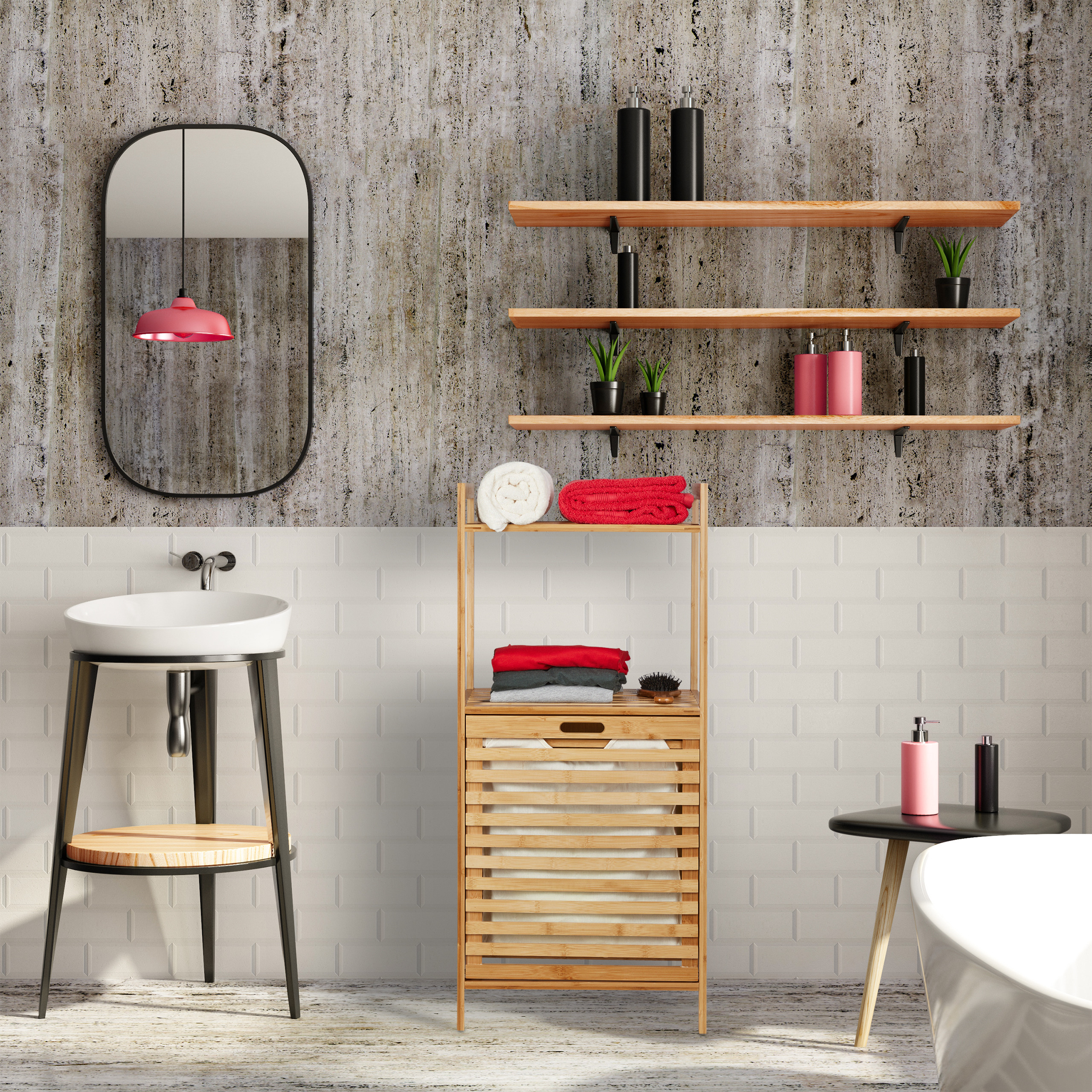 Ein modernes Badezimmer hat ein Waschbecken, einen Spiegel, Holzregale mit Pflanzen und Utensilien, und einen Wäschekorb.