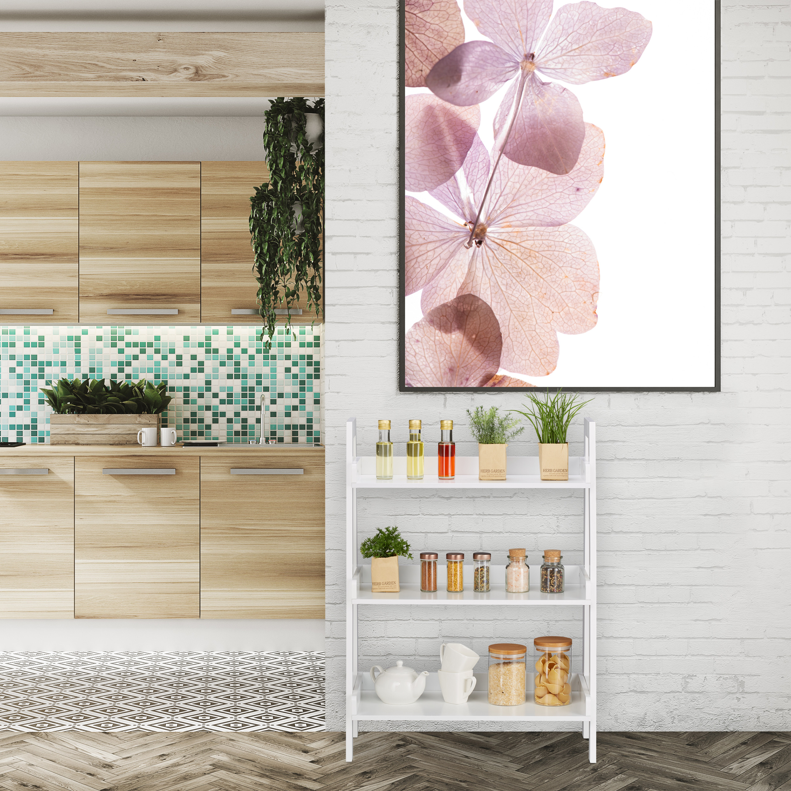 Moderne Küche mit Holzschränken, grünem Mosaik, weißem Regal voller Vorräte und großem Blumenbild an weißer Ziegelwand.