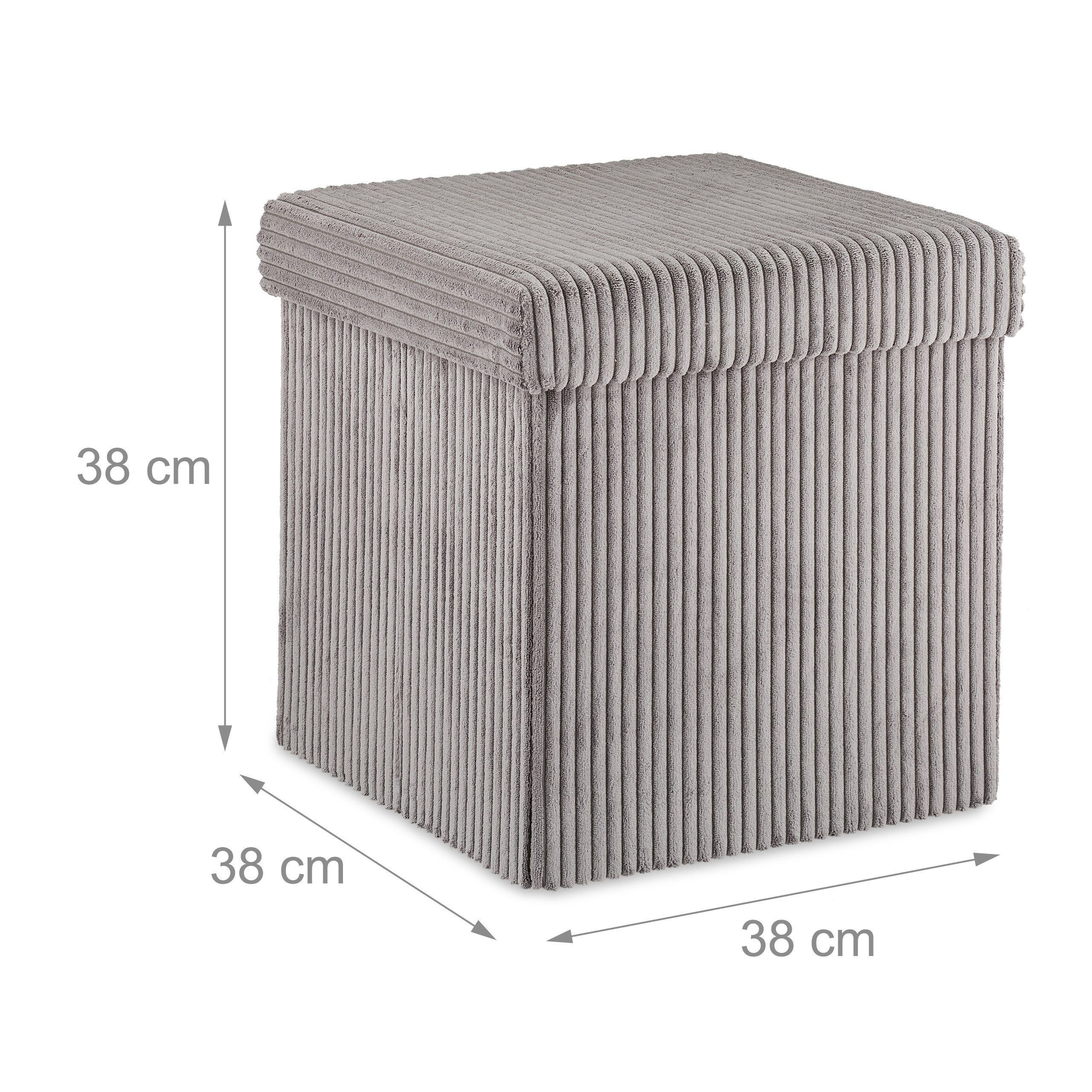 Ein grauer Cord-Sitzhocker in Würfelform mit 38 cm Kantenlänge.