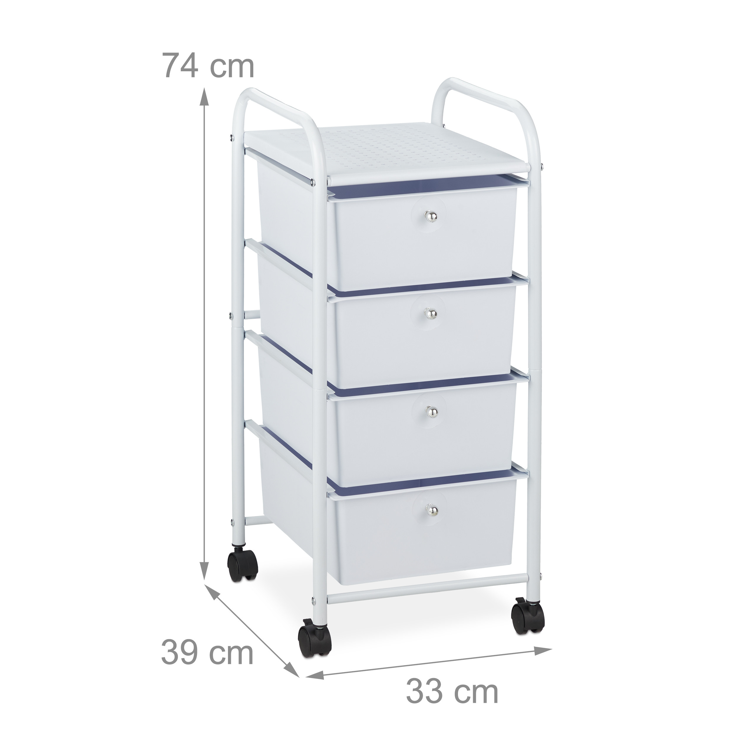 Ein weißer Rollwagen mit vier Schubladen, 74 cm hoch, 33 cm breit und 39 cm tief.