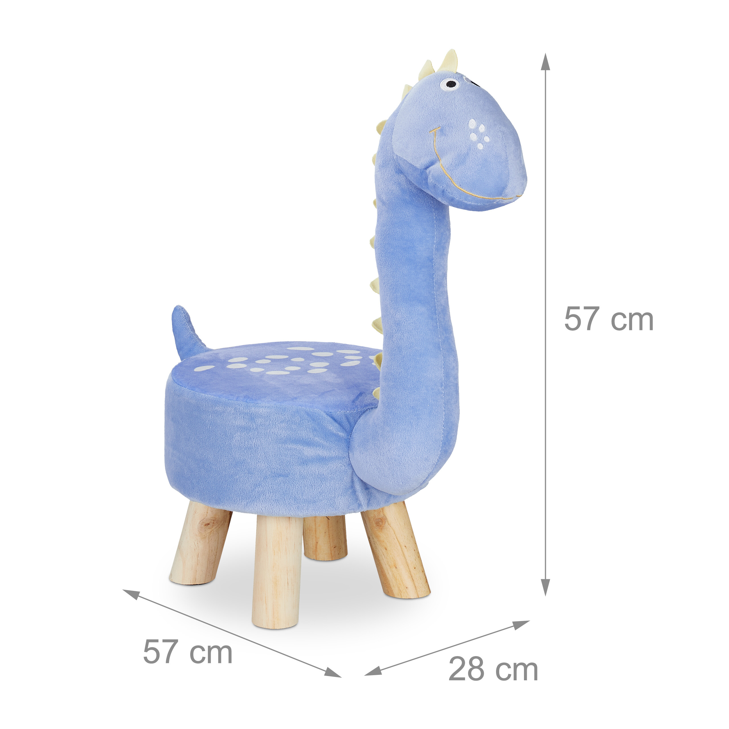 Ein blauer Plüschdinosaurier-Hocker mit Holzbeinen, 57 cm hoch, 57 cm lang und 28 cm breit.