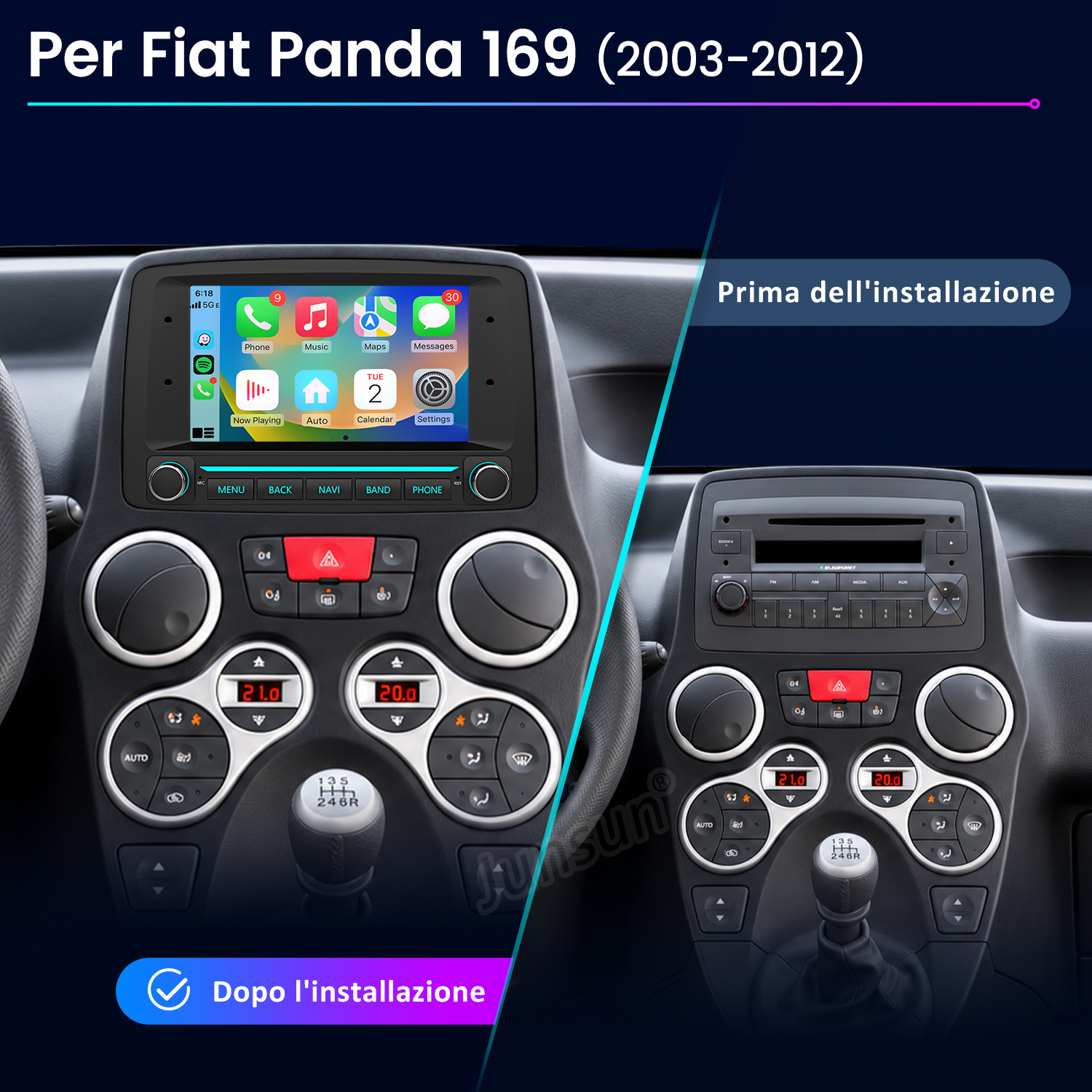 Confronto cruscotto Fiat Panda 169 prima e dopo l'installazione di un nuovo stereo touchscreen.
