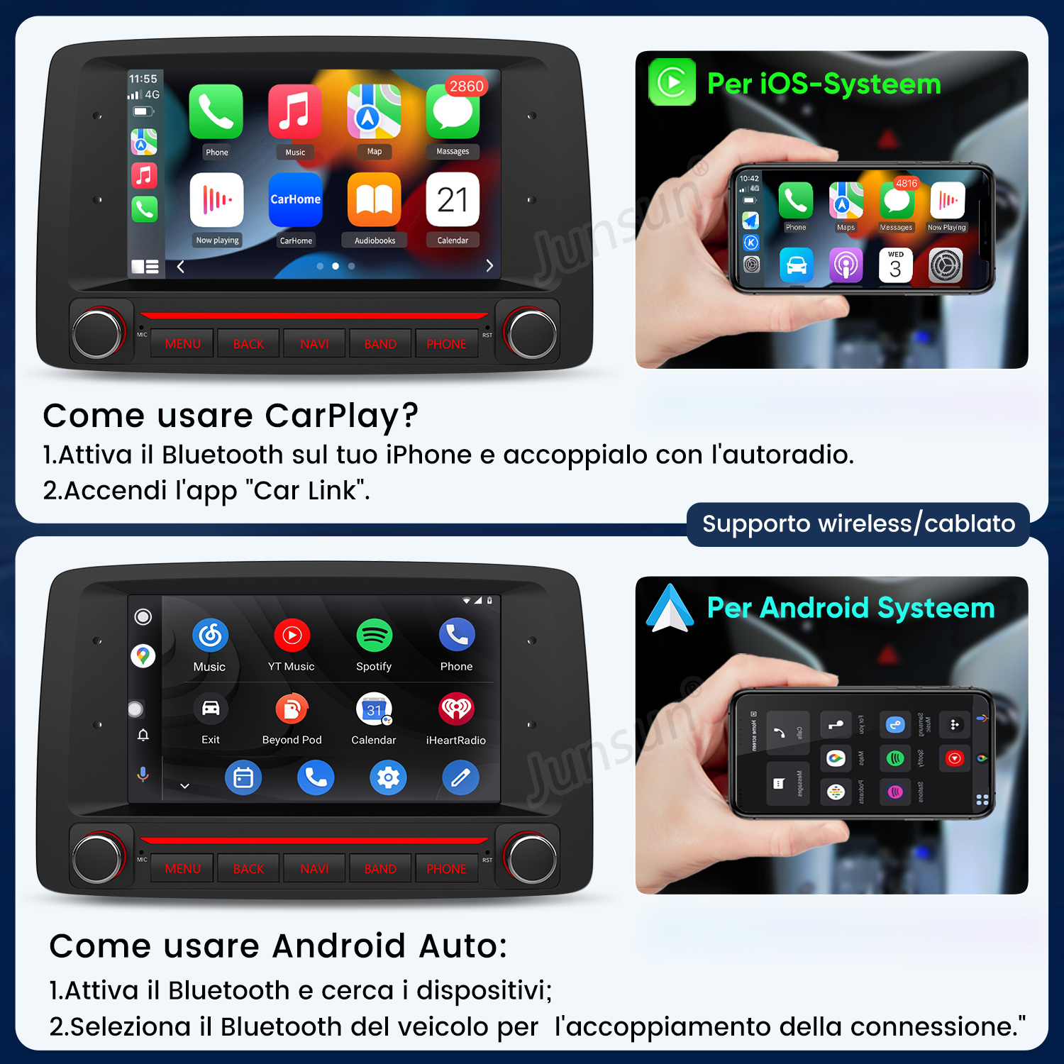 Guida su come usare CarPlay e Android Auto su un'autoradio con immagini di smartphone.