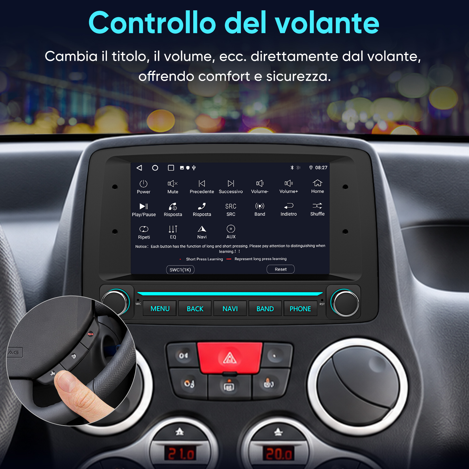 Cruscotto auto con display touchscreen e dettaglio dei comandi al volante.