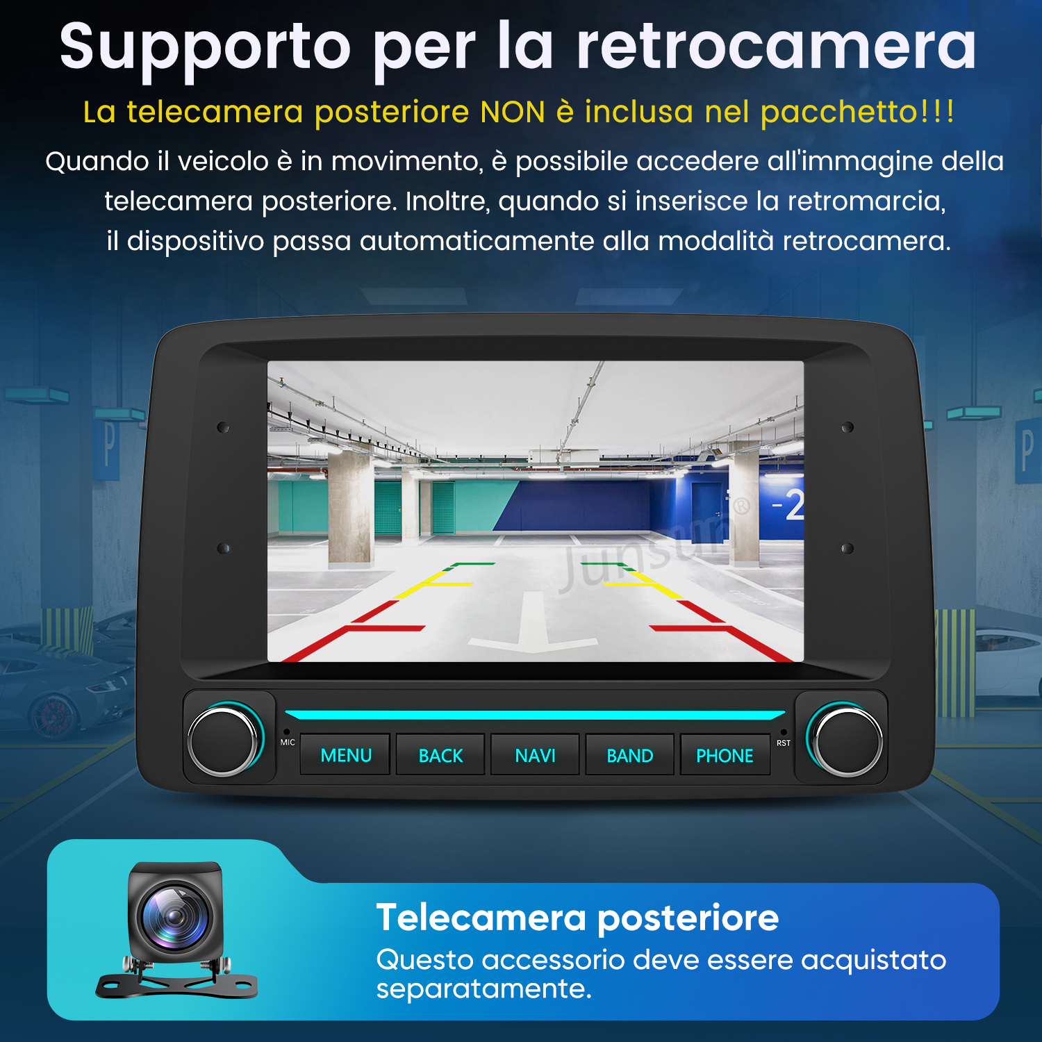 Schermo autoradio con telecamera posteriore in un parcheggio sotterraneo e linee di guida.