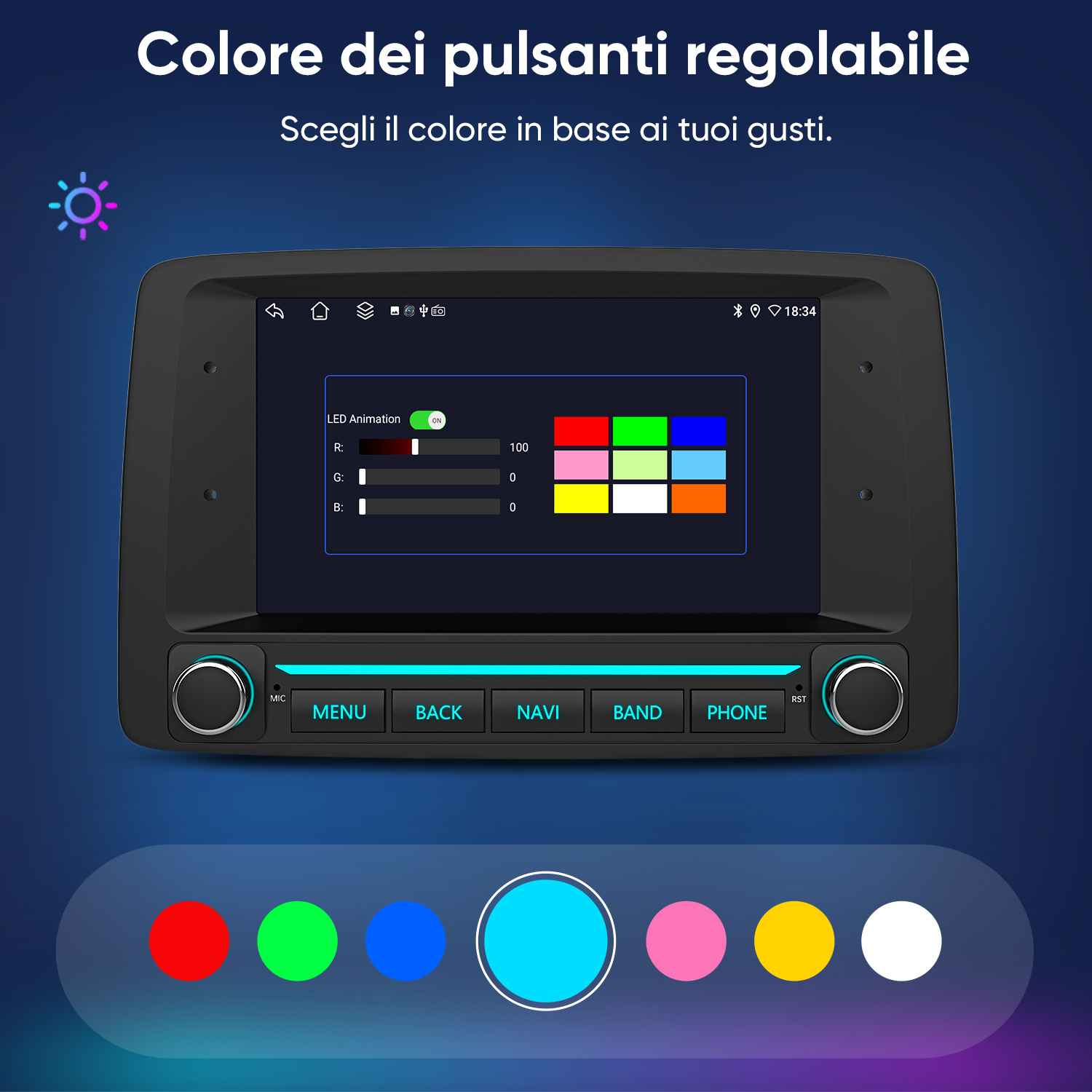 Un sistema multimediale per auto con colori dei pulsanti regolabili sullo schermo e cerchi di selezione.