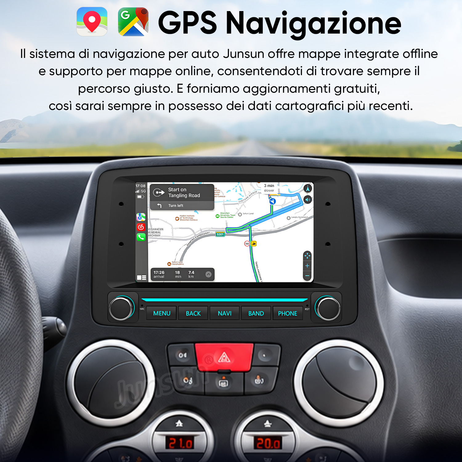 Interno auto con display di navigazione GPS che mostra una mappa stradale e comandi.